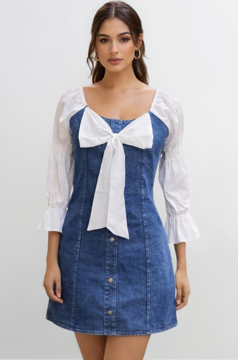 Women A-Line Denim Midi Dress, Button Front Blue Jean Dress with Adjustable Waist, Short Sleeves, Flared Hem for Casual Summer, Office & Travel Wear