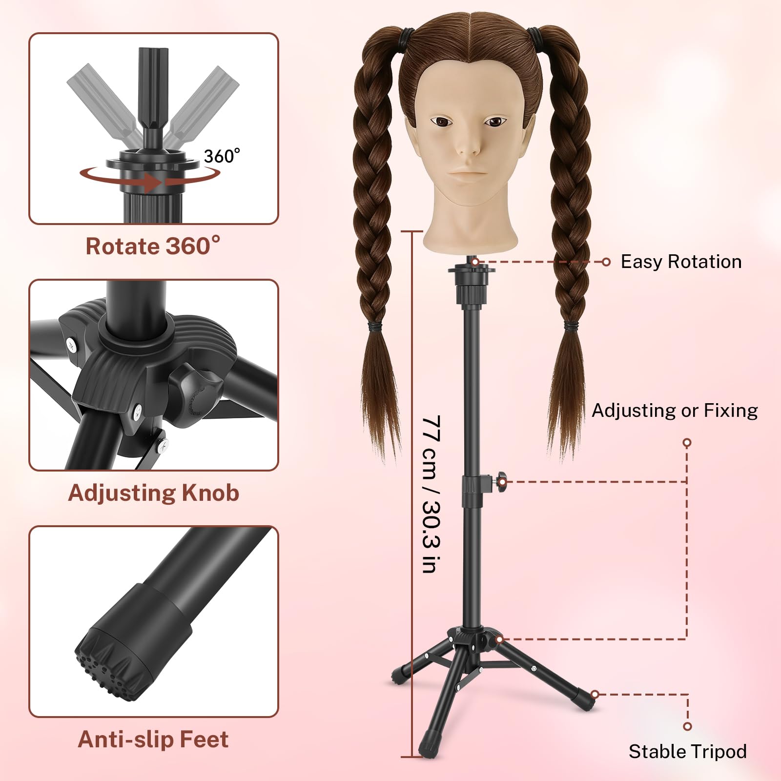Übungskopf aus 80 % Echthaar, 58,4 cm, Frisierkopf mit Perückenständer, Stativ und Make-up-Funktion und DIY-Haarstyling-Flechtwerkzeugen