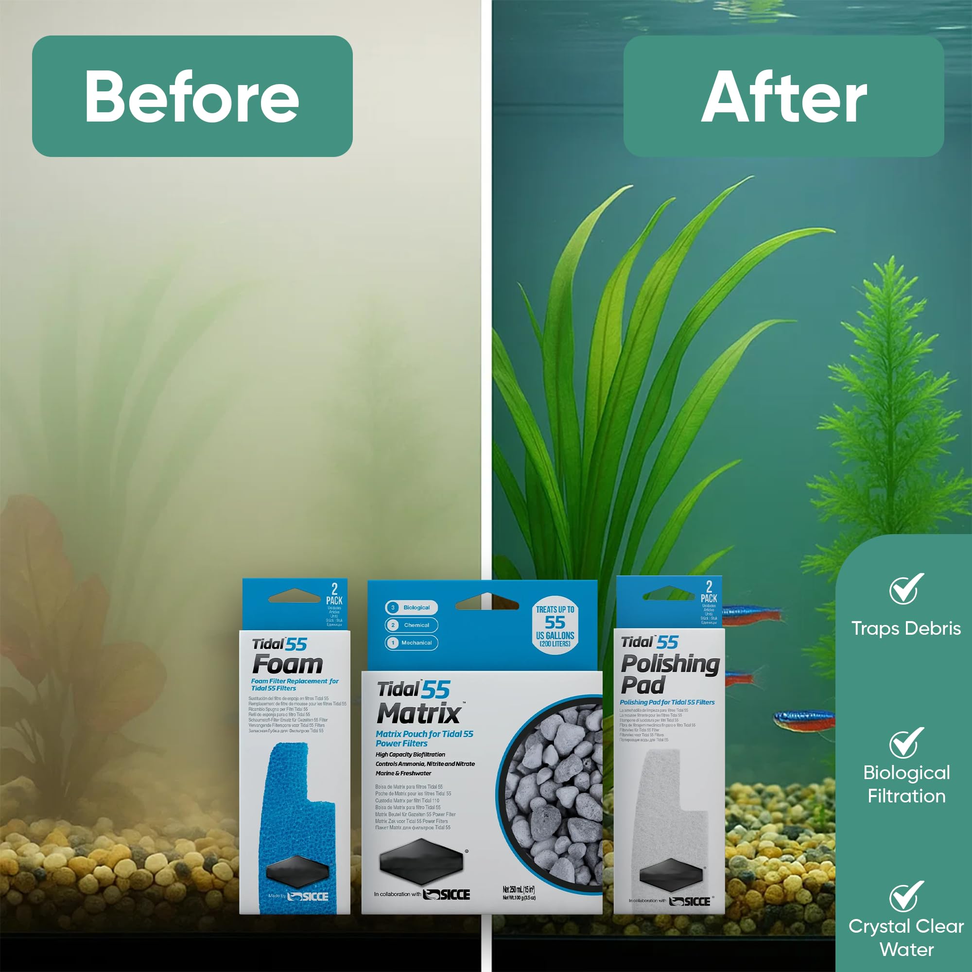 Tidal 55 - Kit de filtro de mantenimiento y reemplazo de medios de filtro, incluye bolsas de filtro de acuario de Gokul Brands (Tidal 55 almohadillas de pulido, 55 esponjas de filtro de