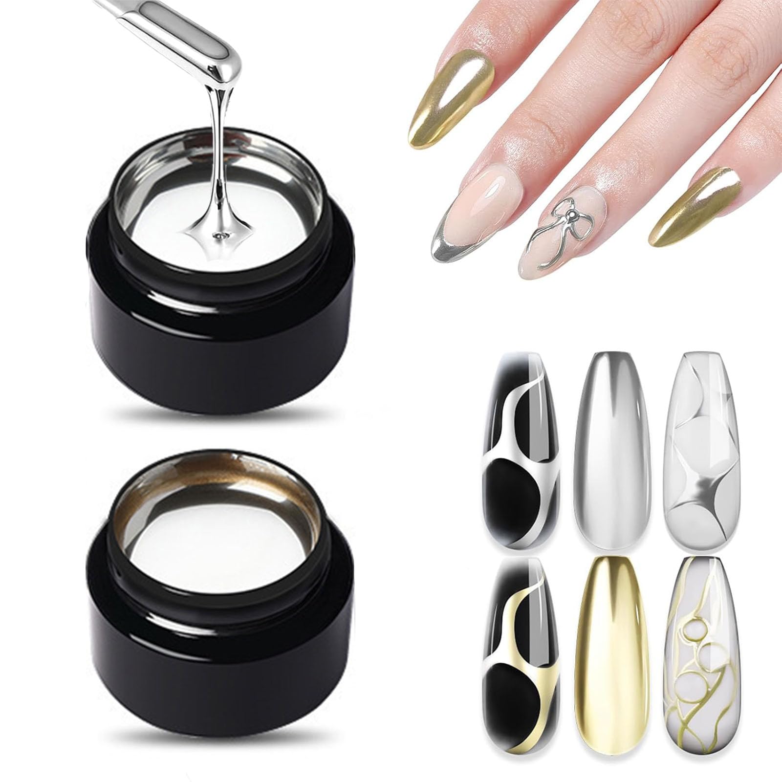 Metallic Nail Polish Set, Silver & Gold Gel Nail Polish, High-Shine Chrome Gel Nail Polish Mirror Finish, 3D Effect Soak Off UV Metallic Painting Gel for Beginners Home DIY Salon Use