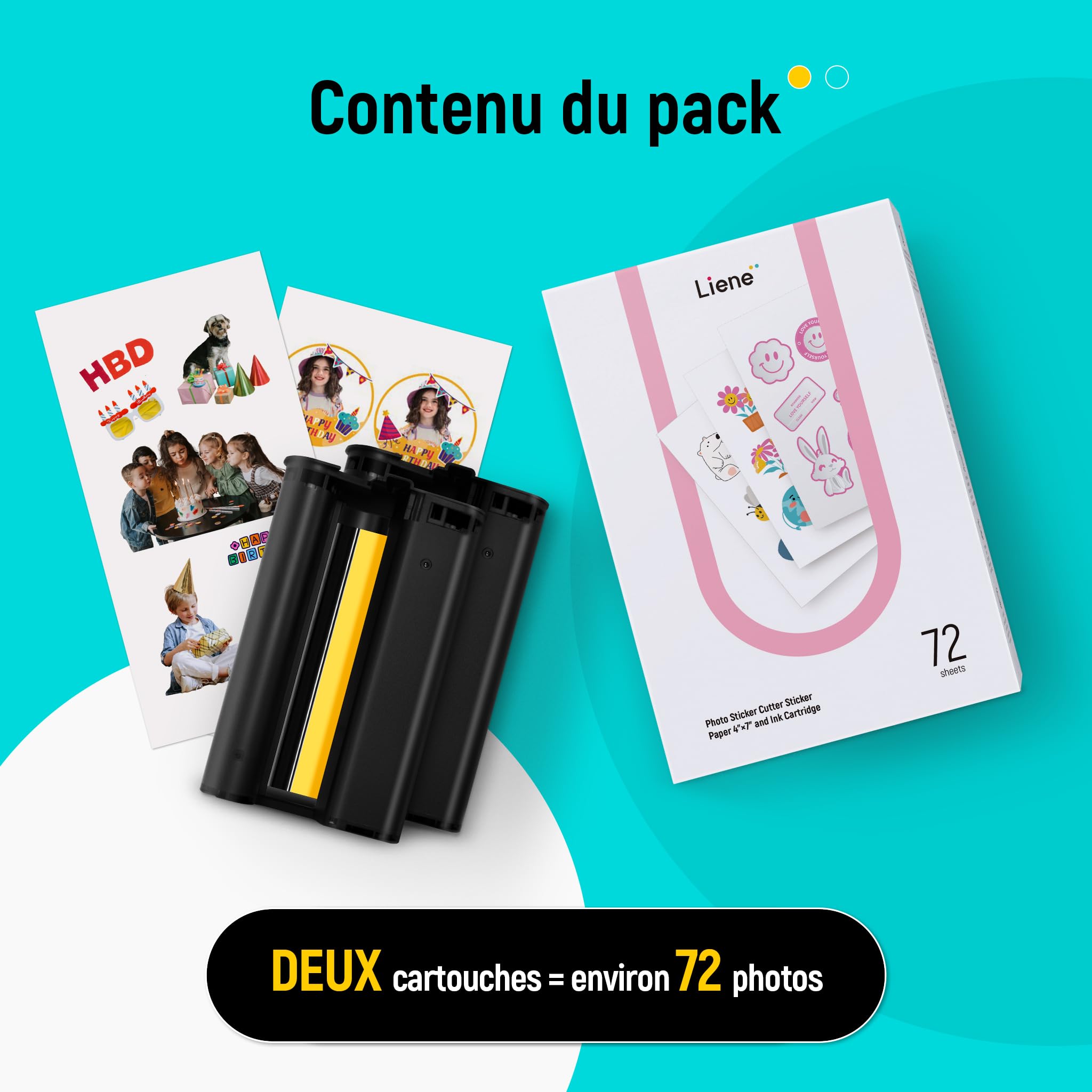 Liene Papier autocollant et cartouche (version à adhérence améliorée) – Comprend 2 recharges de cartouches d'encre et 72 feuilles de papier autocollant imprimable de 10,2 x 17,8 cm, sublimation