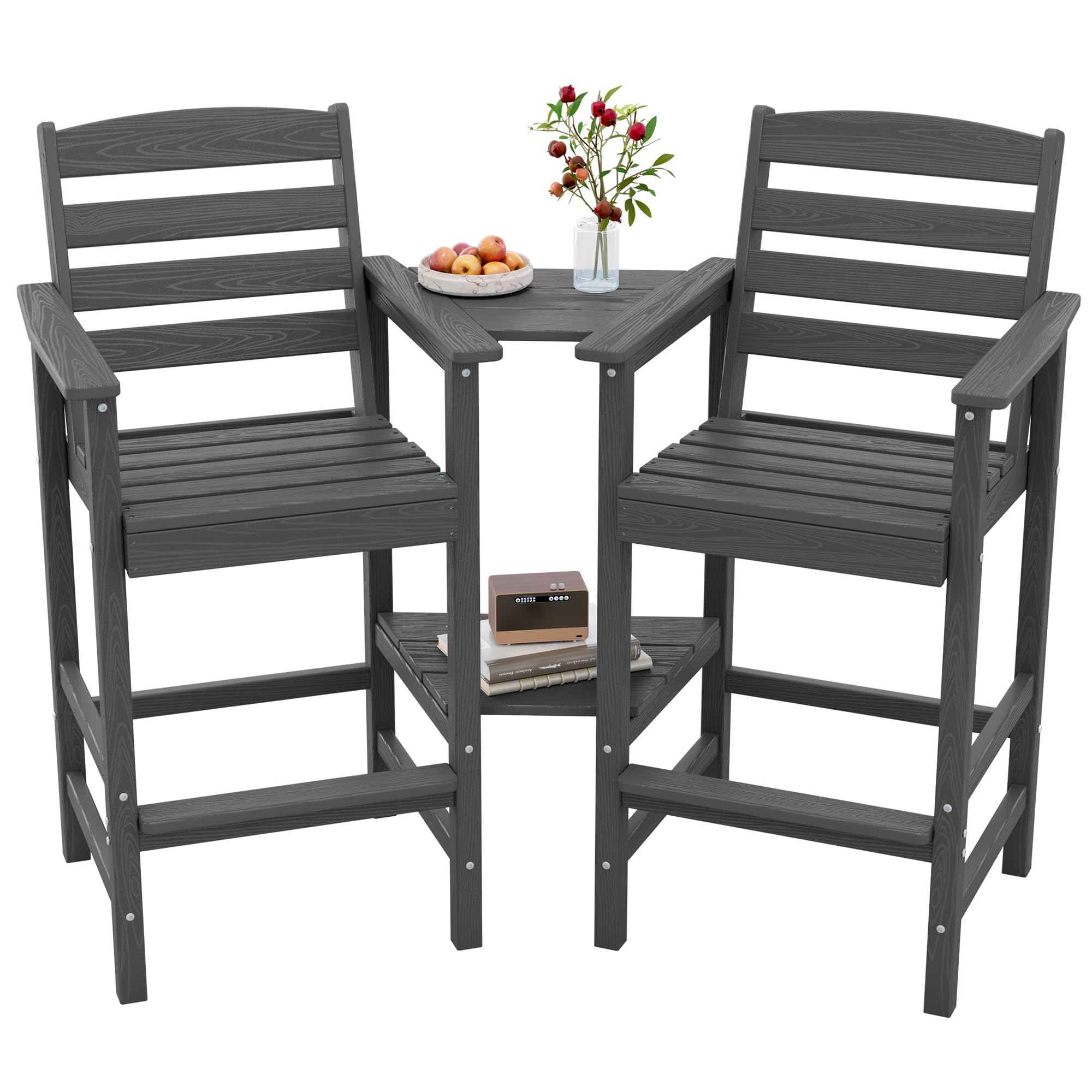 SERWALL Tall Adirondack Chairs Set of 2 with Connecting Table, Grey