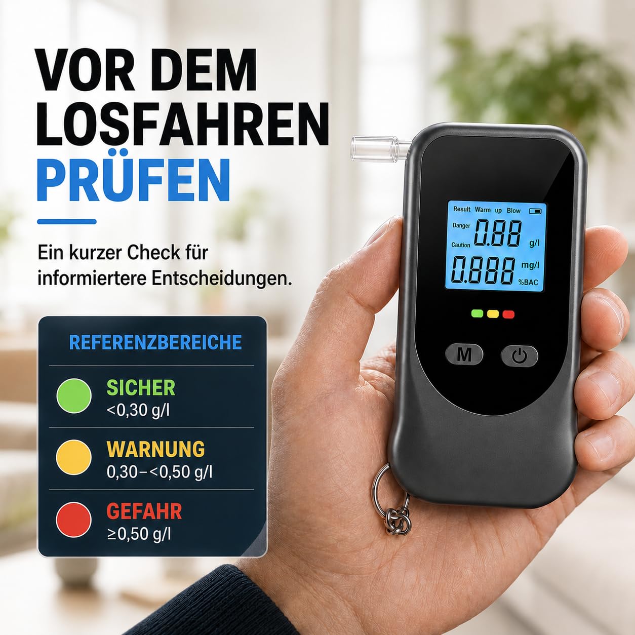 Alkoholtester, Breathalyzer mit 20 Mundstücken, Speicher und Schlüsselring