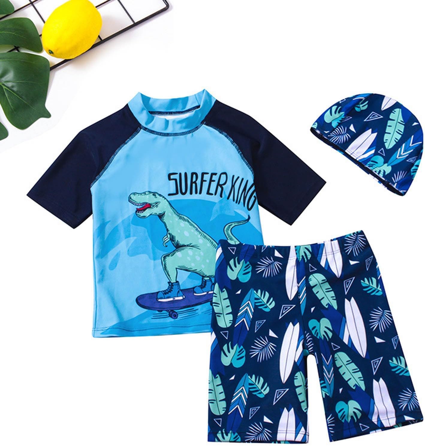 Boys Swimwear Set 3-Piece Quick Dry Short Sleeve Boys Uv Protection Swimwear Dinosaur Print Round Neck Sport Rash Guard Sets