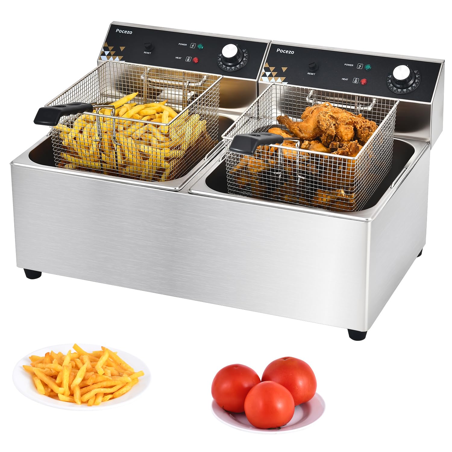 Commercial Deep Fryer with Basket, 3400w 19.7Qt Oil Tank/ 8.9Qt Basket x 2, 0.6mm Thickened Stainless Steel Countertop Electric Fryer for Home Use, Oil Fryer with Double Overheat Protection