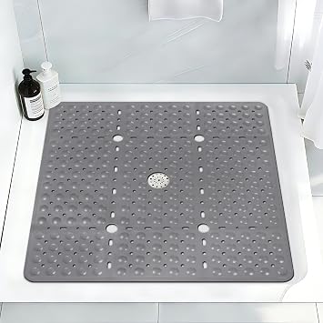 Square Shower Mat Non Slip, 27 x 27 Inch Quick Drain TPE Anti Slip Shower Mats for Inside Shower, Soft Shower Floor Mat with Suction Cups, Quick Drying, Machine Washable
