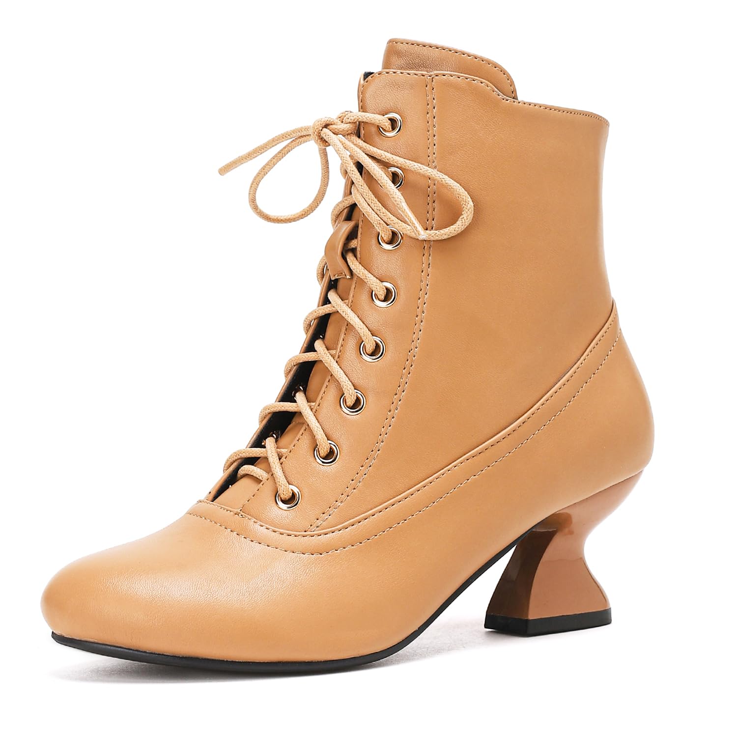 getmorebeauty Womens Ankle Boots Low Kitten Heels Lace Up Round Toe Side Zipper Vintage Short Boots Dress Shoes