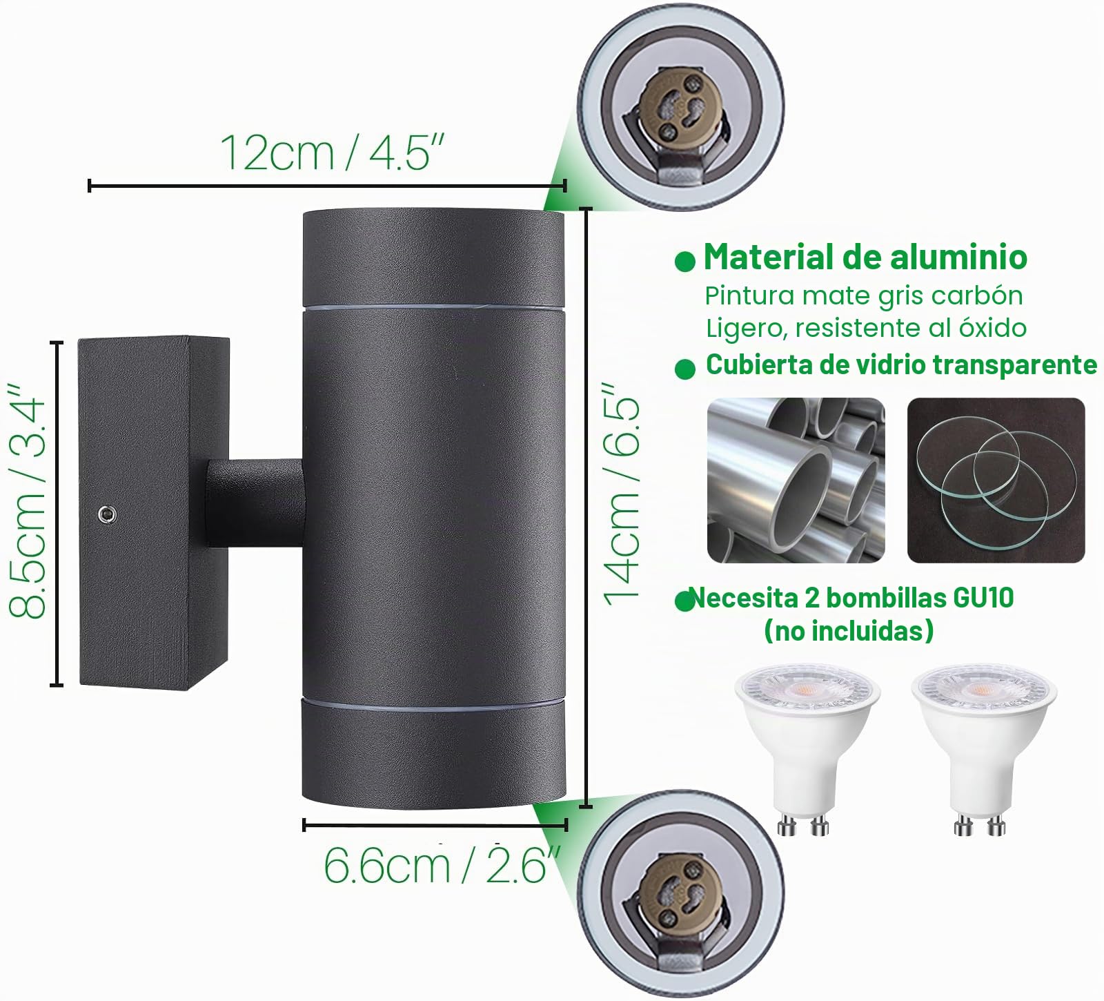 EBION Aplique de Pared Exterior Arriba Abajo,IP65,Aluminio