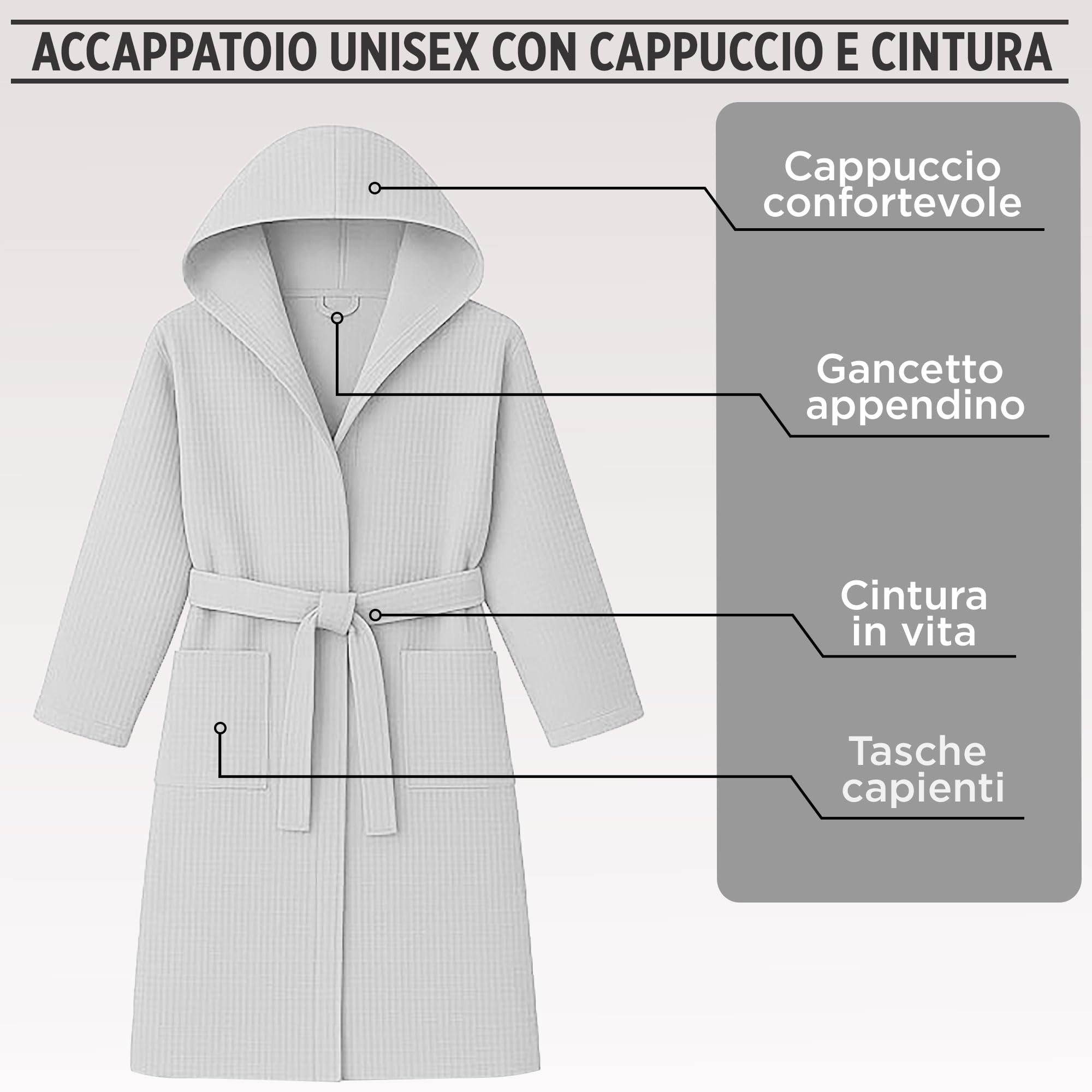Albornoz Nido de Abeja Unisex Hombre Mujer de algodón con Capucha, Bolsillos y Cinturón – Ligero, Absorbente, Transpirable – Ideal para Casa, SPA, Piscina, Gimnasio y Viajes