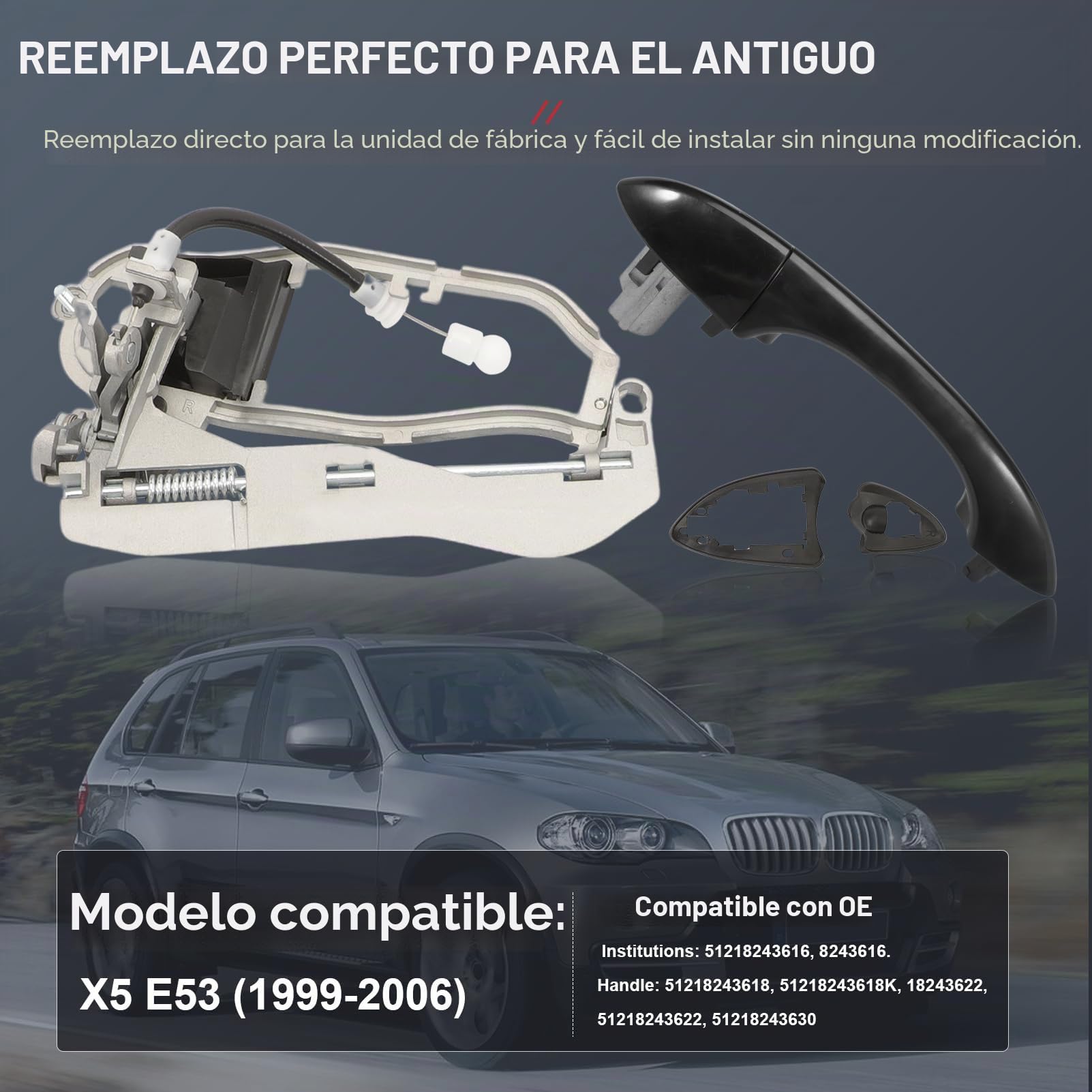 Mecanismo de tirador de puerta exterior compatible con X5 E53 (1999-2006) delantero derecho (lado del pasajero) negro 8 cm de ancho