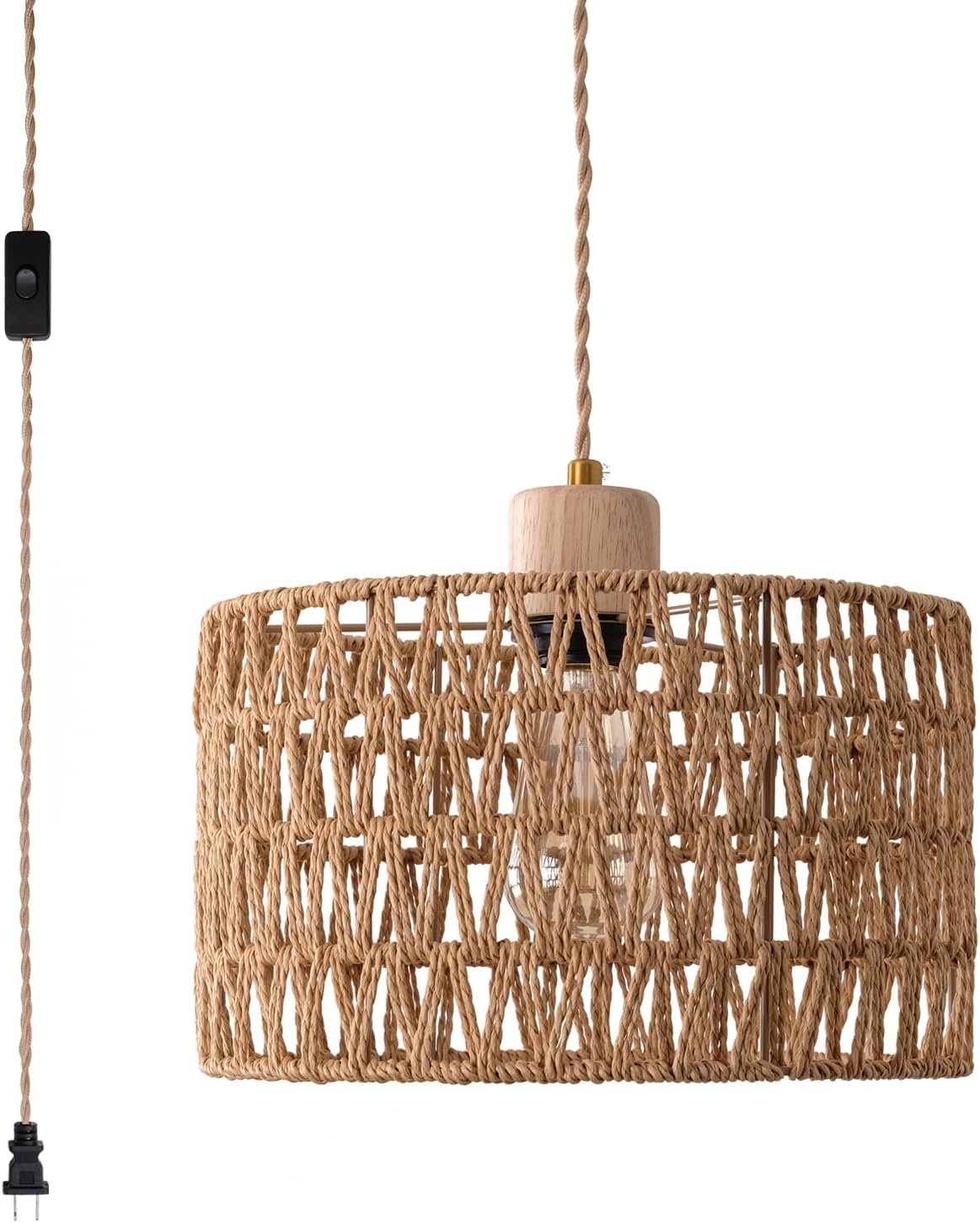 Plug in Pendant Light with Hand Woven Rattan Lampshade, Hanging Lamp with 15 FT Rope Cord On/Off Switch, Boho Pendant Light Fixture for Living Room Bedroom Kitchen Island Dinning Table