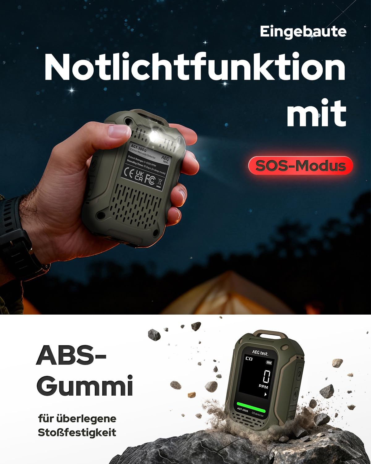 AGT-3000 Tragbarer Kohlenmonoxidmelder, 240 Std Standby, verbesserter CO-Sensor für Reisen, wiederaufladbarer CO-Detektor mit Audio- & visuellem Alarm, CO-Messgerät für Camping, 0–1000 ppm