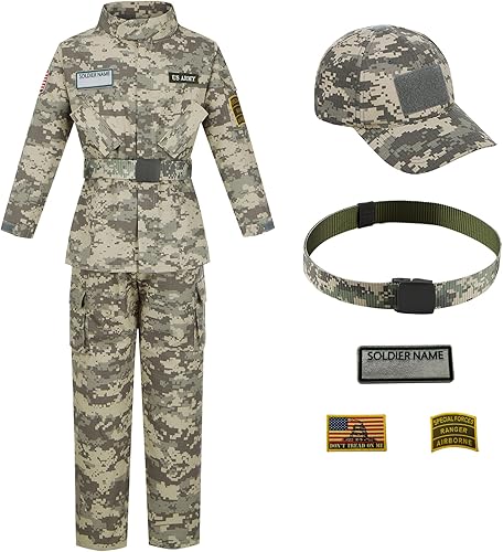 Kosgraiy Disfraz del ejército para niños, disfraz de soldado de lujo para niño y niña, uniforme de camuflaje del ejército para niños