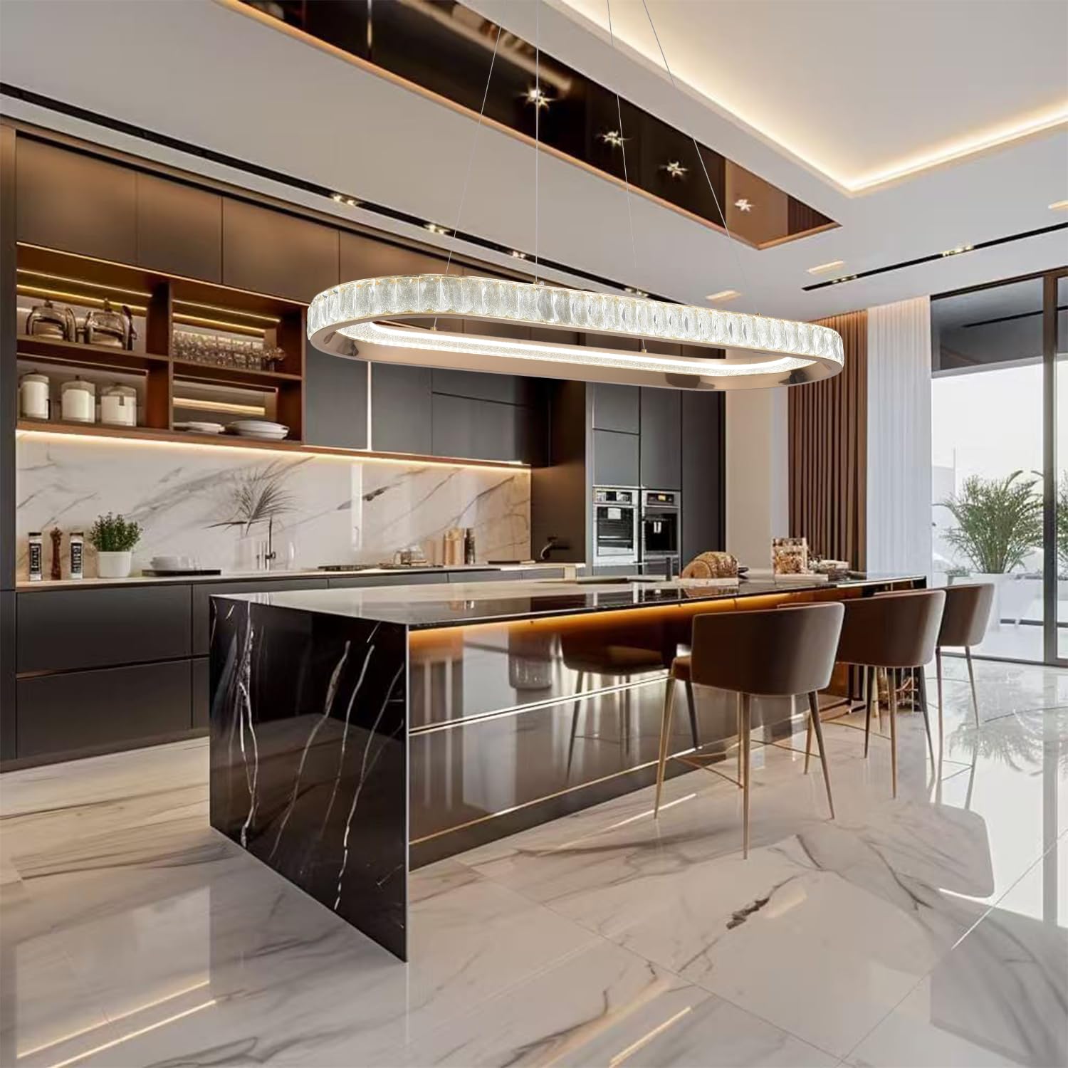 Lampadario Moderno a Sospensione ovale a LED Color oro con Illuminazione Lineare a LED per Sala da Pranzo, Lampadario Dimmerabile per Isola Cucina con Telecomando per Soggiorno e Ufficio