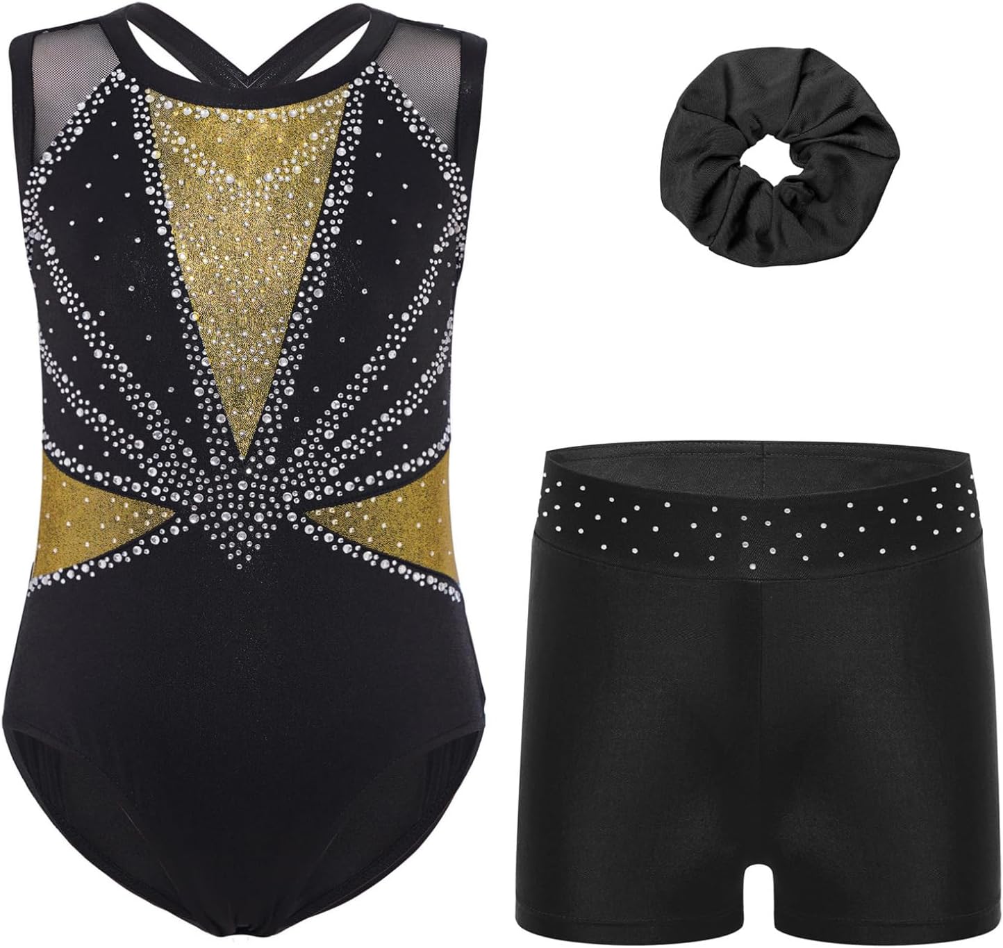 Freebily Gymnastics Leotard for Girls Sleeveless Shiny Rhinestone Dance Bodysuit Unitard with Shorts Hairband