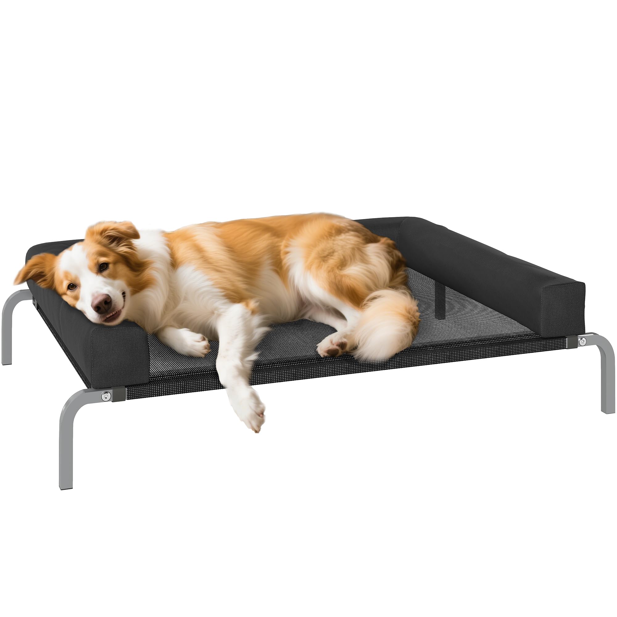 PawHut Elevated Dog Bed with Removable Bolsters, Raised Dog Bed for Breeds, Portable Indoor & Outdoor Pet Cots with Raised Sides, Breathable Mesh, Chew-Resistant, 110L x 75W x 30H cm, Black