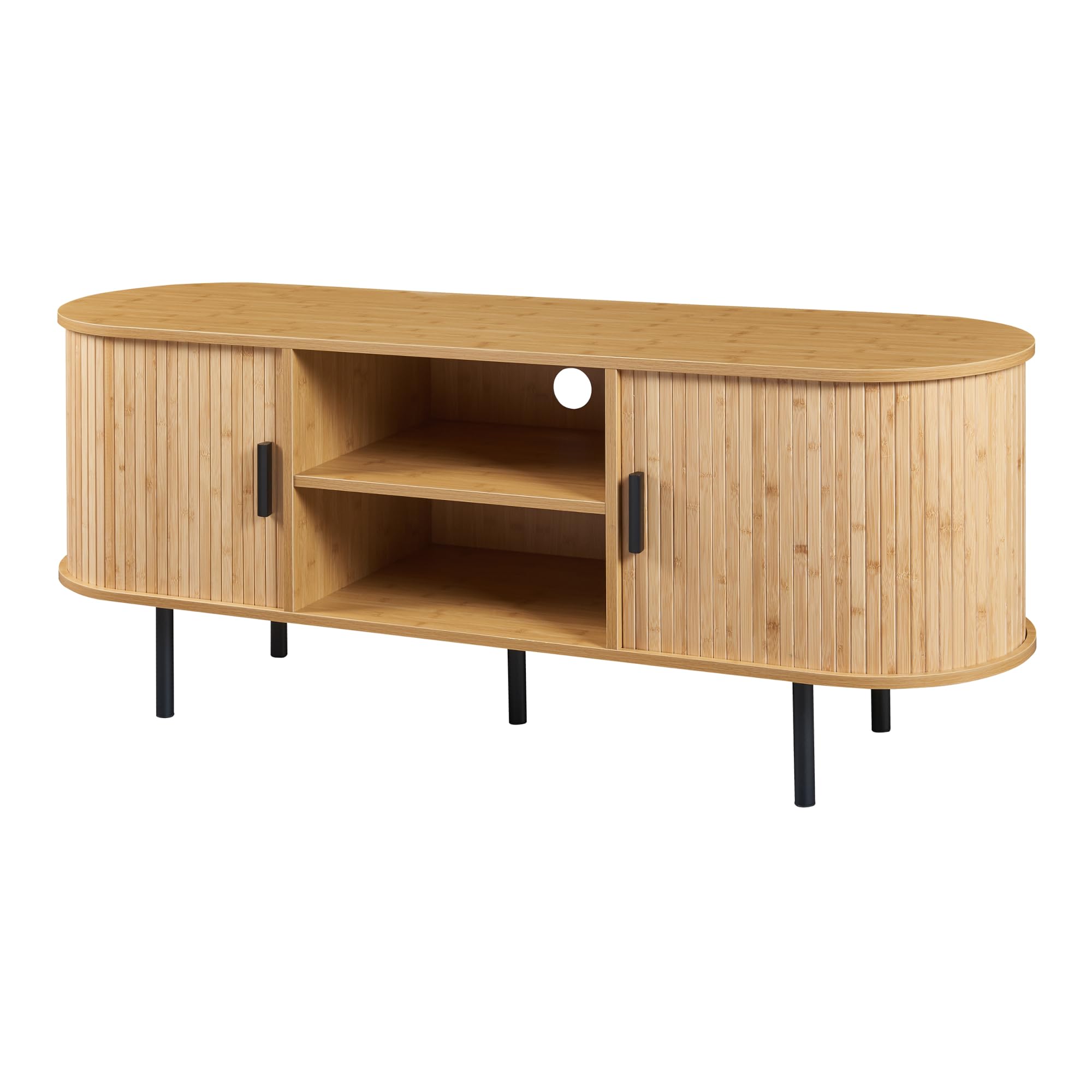 [en.casa] Mueble de TV Tvedestrand con 2 Compartimentos con Puertas Correderas y 2 Compartimentos Abiertos Mueble de Salón para TV Bambú Metal 140 x 40 x 55 cm - Efecto Madera/Negro