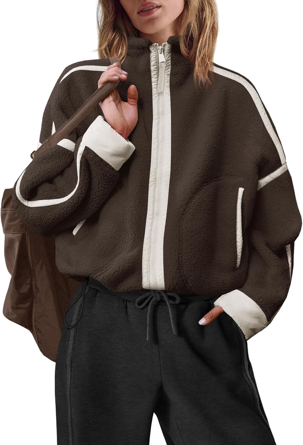 Womens Fleece Zip Up Jacket Sherpa Fuzzy Teddy Jackets Color Block Casual Oversized Coats Winter Outerwear - Image 3