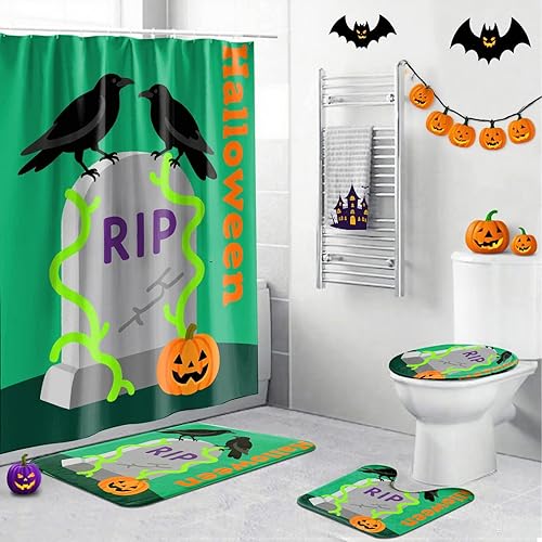 Miniatura 23 de Juego de 4 cortinas de ducha de Halloween, juego de baño de Halloween con cortina de ducha y alfombras, cubierta de tapa de inodoro, cortina de