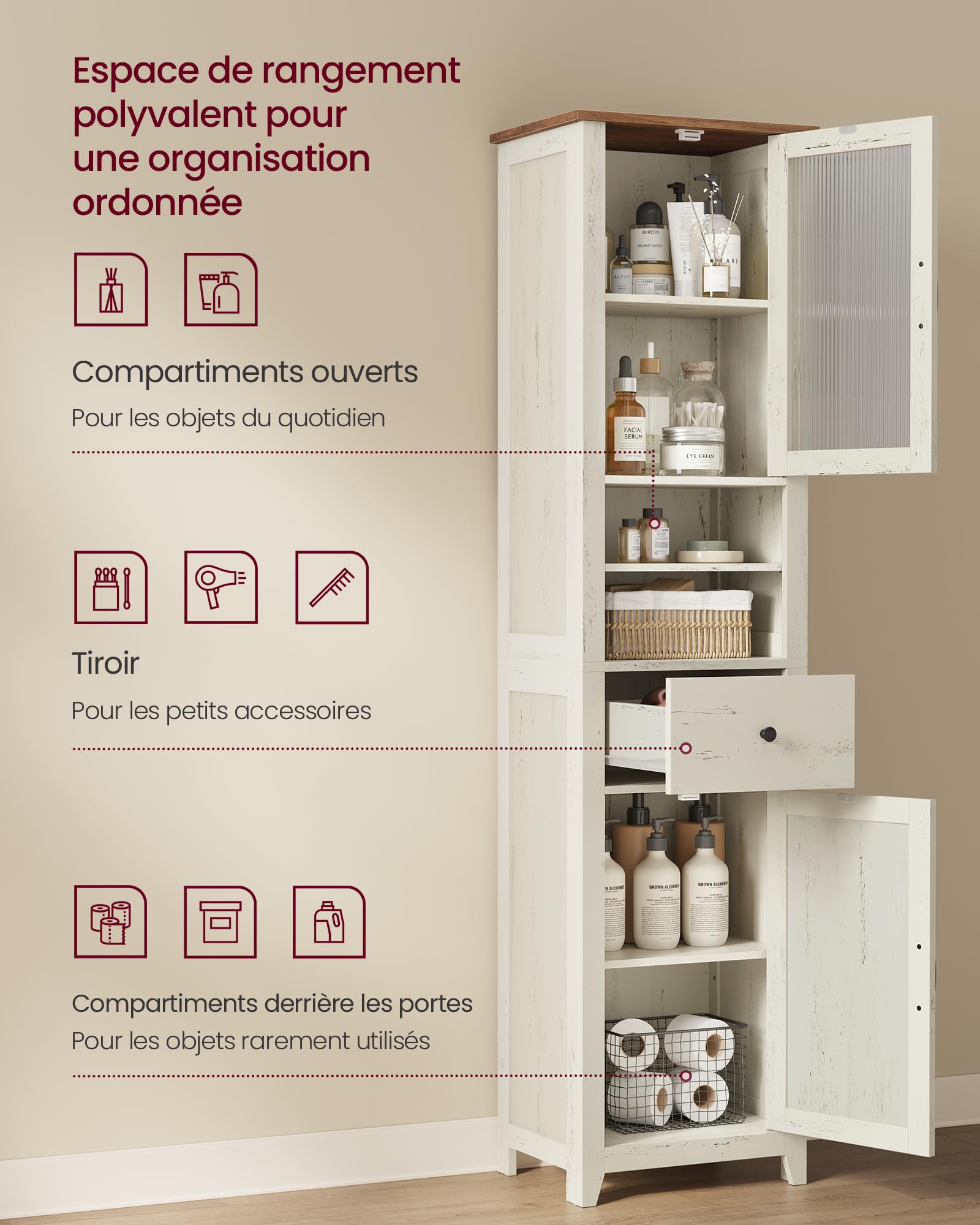 VASAGLE LIRY Collection - Armoire Salle de Bain Style Campagne, Meuble de Rangement Mince, Compartiments Ouverts, 1 Tiroir, avec Portes, Blanc Rustique et Marron Miel, 31,5 x 40 x 171 cm BBK760W101