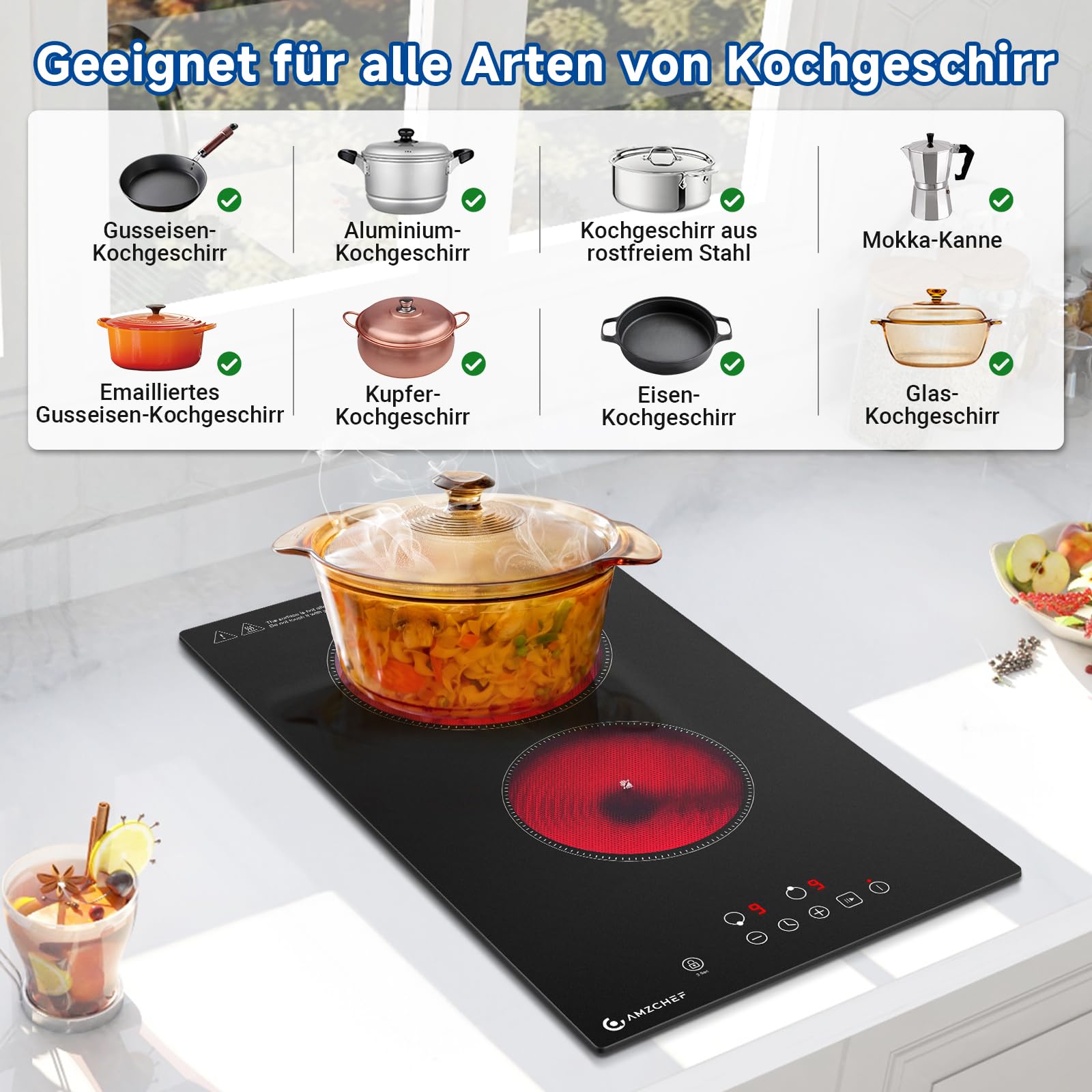AMZCHEF Glaskeramikkochfeld 2 Platten 3200W 9 Leistungsstufen Touch-Steuerung Freistehend Einbau Design