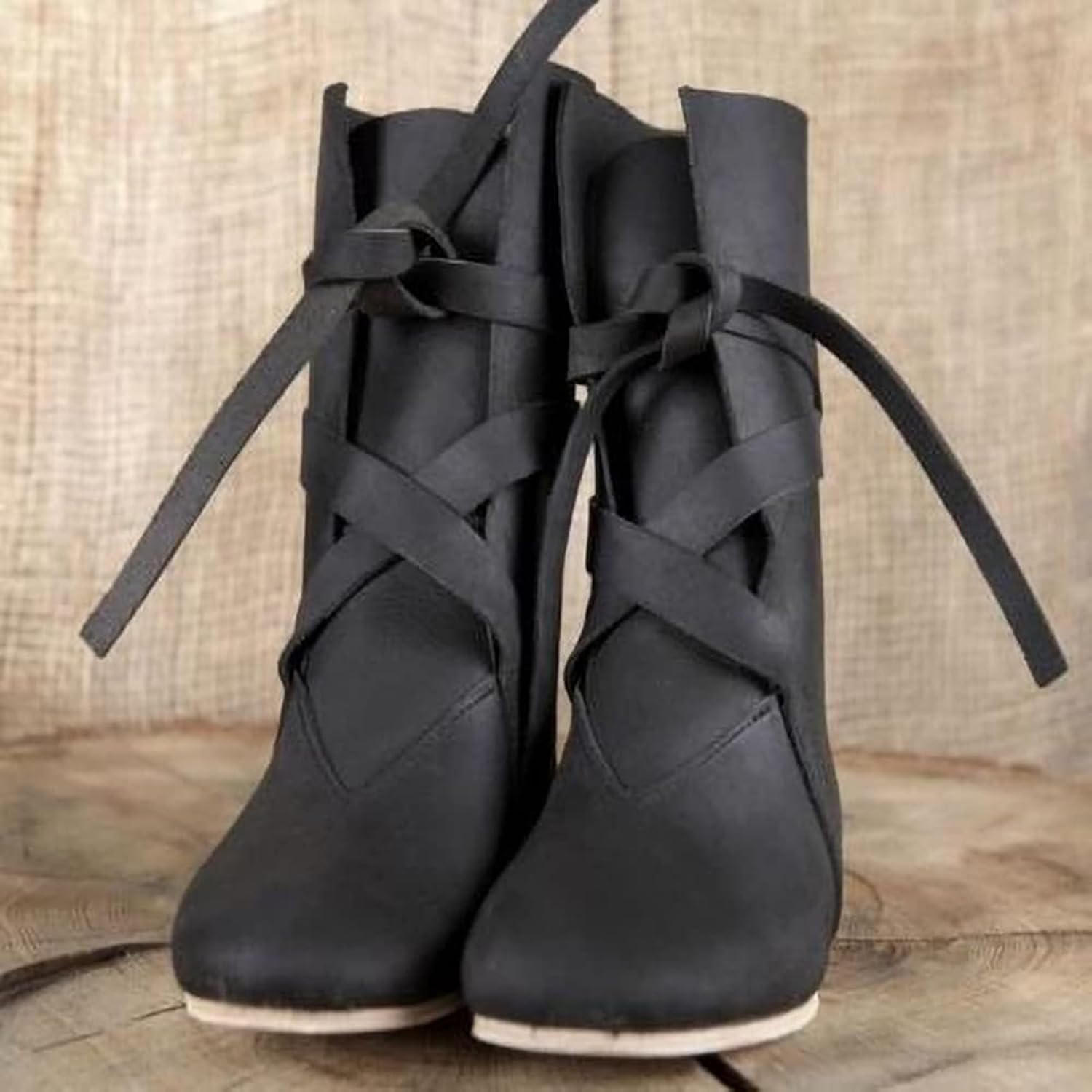DJFOG Medieval PU Leather Knight Boots Renaissance Medieval Cosplay Boots Mens Women's Vintage Boots Flat Bottom Lace Up Shoes