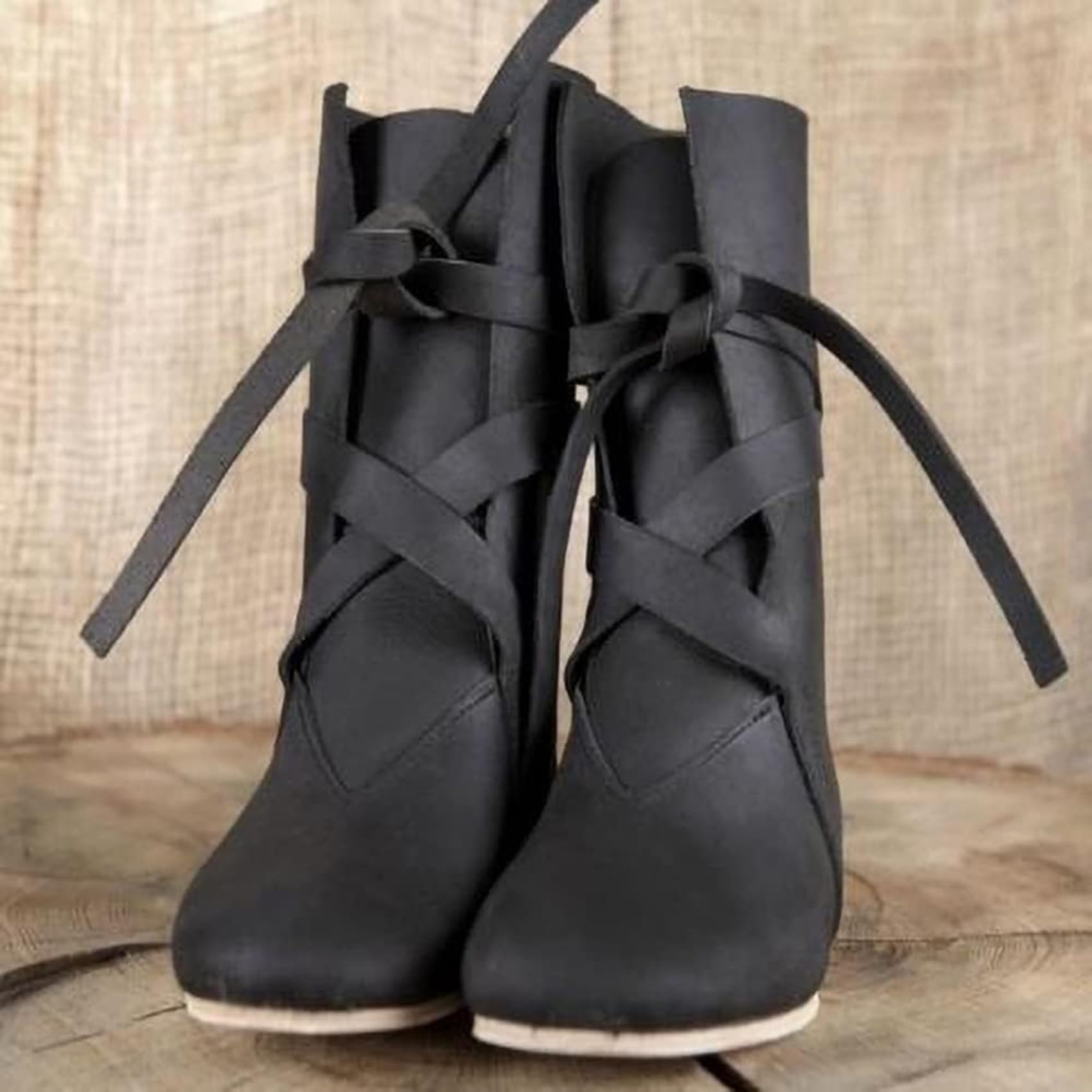 DJFOG Średniowieczne buty rycerskie ze skóry PU, średniowieczne renesansowe buty cosplay dla mężczyzn i kobiet, vintage płaskie dno buty sznurowane buty
