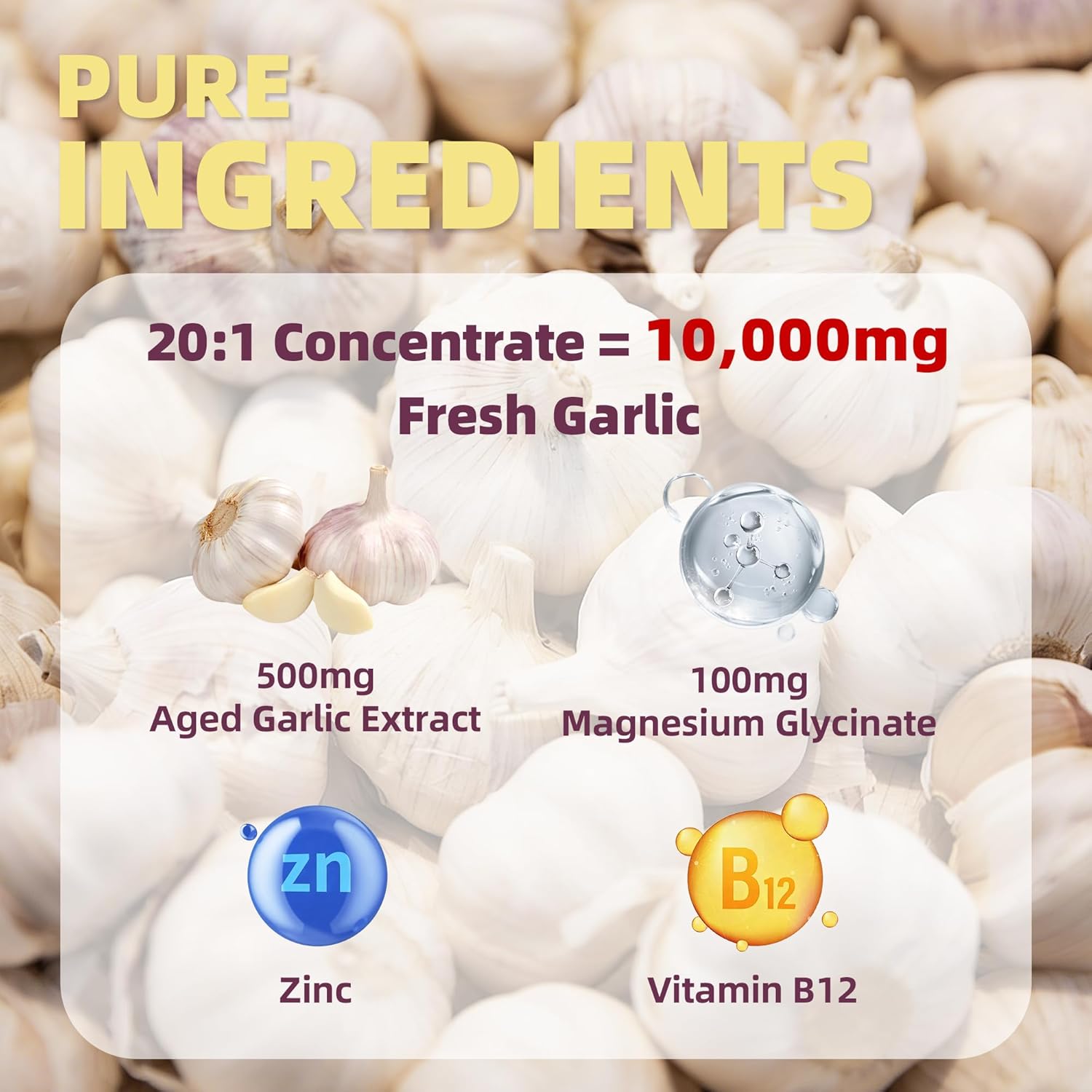 4-in-1 Aged Garlic Extract 10,113mg | Zinc, Magnesium & B12 | 300 Softgels | Odorless Garlic Supplements | Antioxidant Support, Cognitive & Energy Support | 20:1 Concentrate | Non-GMO, Gluten-Free