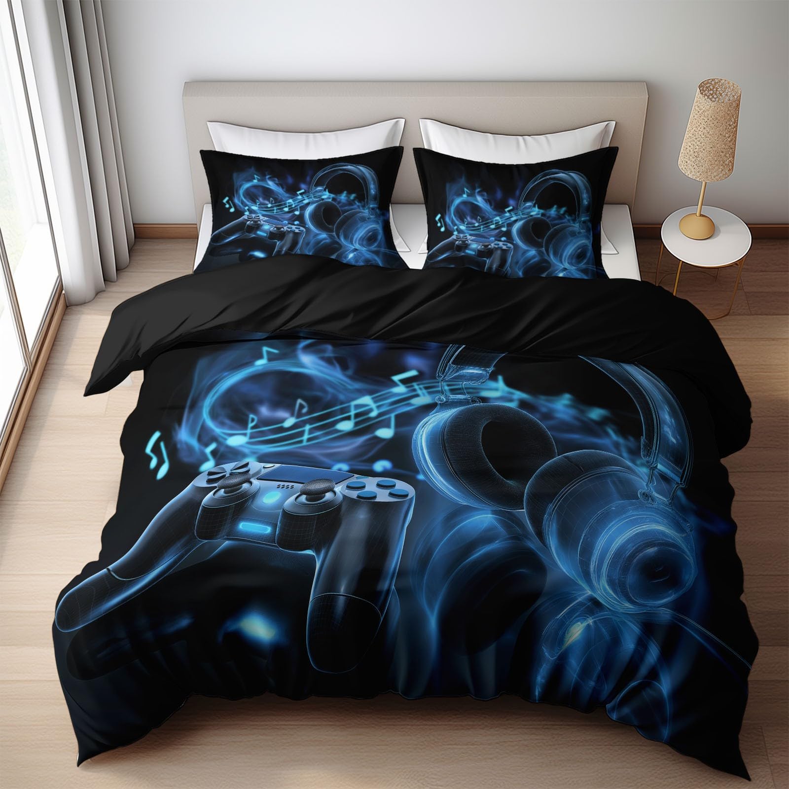 Funda nórdica Gaming Mando E-Sports Auriculares Nota Musical 220 x 240 cm Juego de Cama de 3 Piezas para Cama 135/150 Microfibra Suave Transpirable, con Cremallera para Chicos Adolescentes Negro