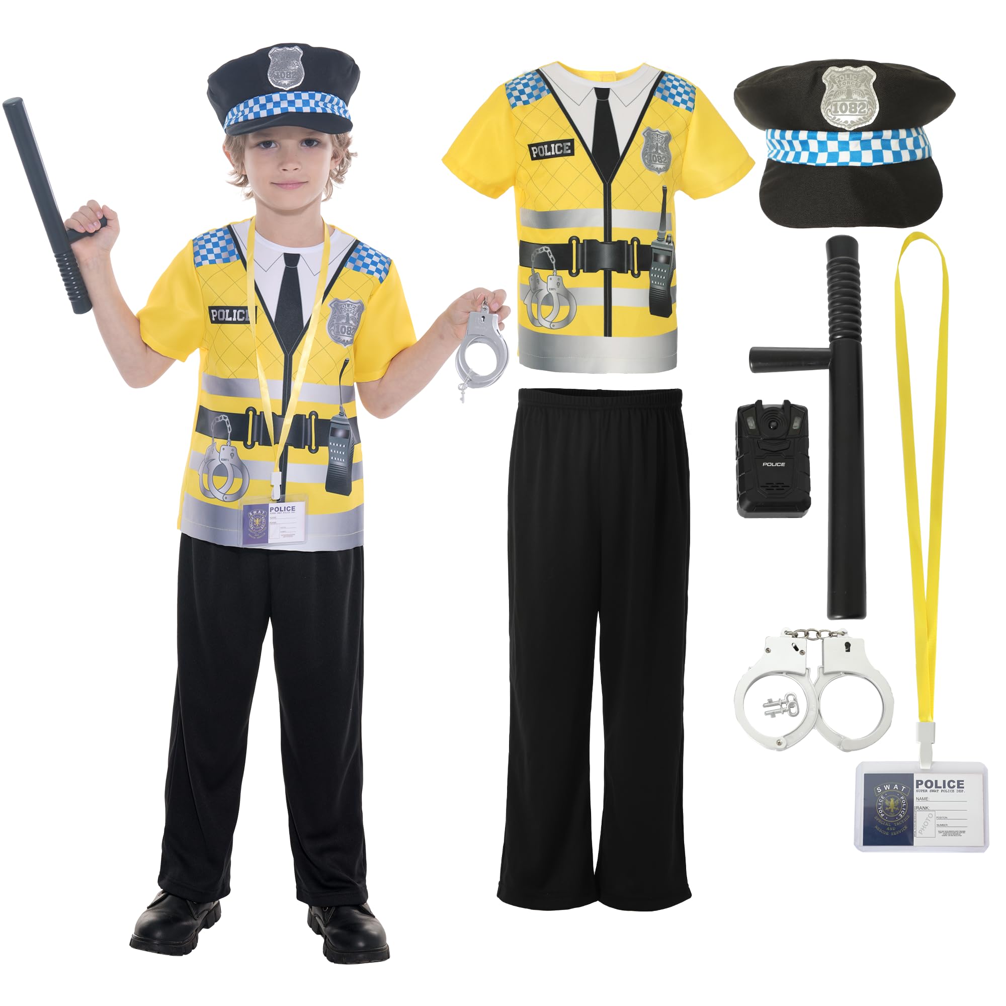 Webeasy Children Role Play Costumes Police Costume Kids - 7 Pcs Police Officer Outfit Dress Up for Boys 8-10 Years