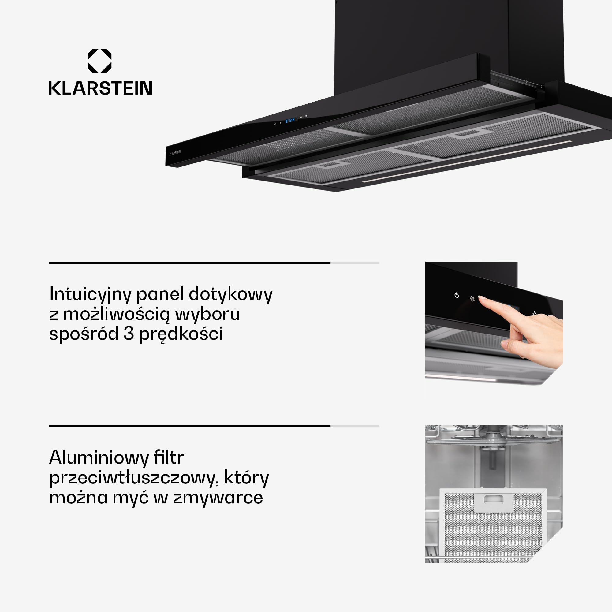 Klarstein Wbudowany okap kuchenny 90 cm, okap kuchenny z filtrem, aluminiowy okap kuchenny można myć w zmywarce, wbudowany okap z przepływem powietrza 640 m³/h, LED, okap z kontrolą dotykową