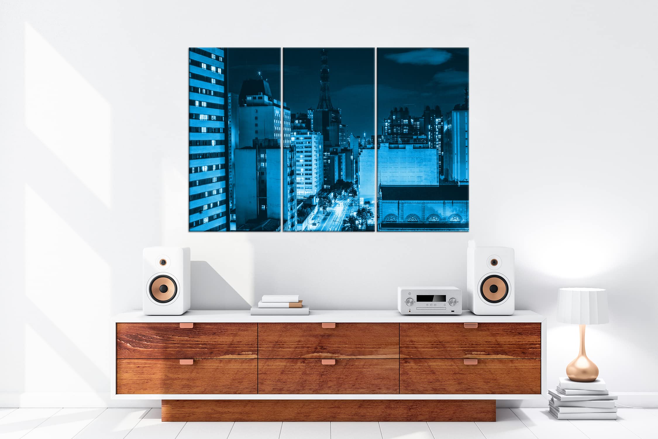 Strade luminose della città, formato: 3 pezzi, 120 x 80 cm, effetto: disegno come tela, motivo incorniciato su telaio in vero legno, stampa digitale di alta qualità con cornice, nessun poster o poster