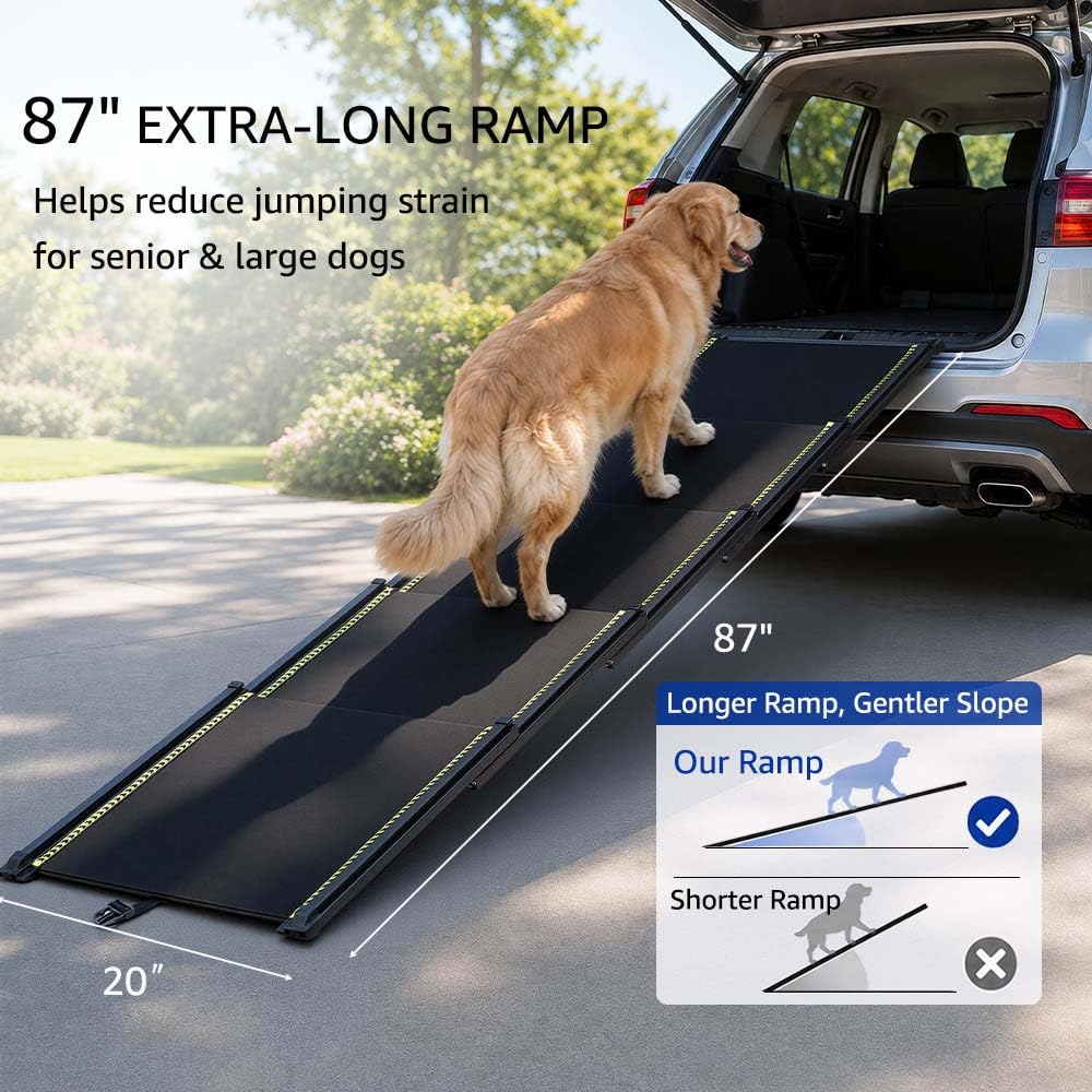 unipaws Rampa telescopica extra lunga per cani, 220 cm, per auto, SUV e camion, larga 51 cm, portatile, con superficie antiscivolo, strisce riflettenti e pendenza delicata, per cani fino a 68 kg