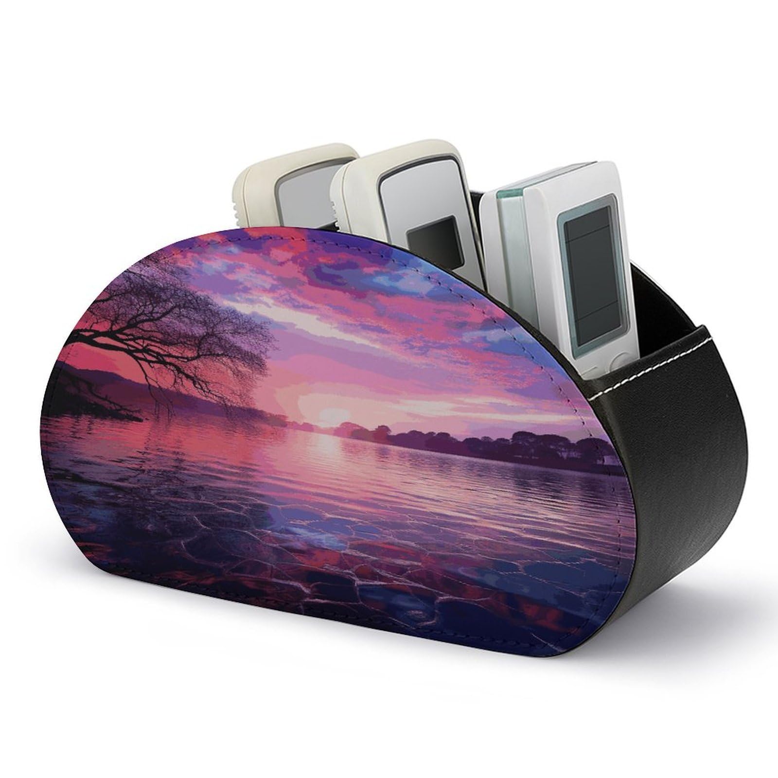 LZQPOEAS Purple Sunset on Water Remote Control Holder with 5 Compartments PU Leather Remote Organizer Box Caddy for Table Nightstand Remote Caddy Desktop Organizer Fits Media Controllers