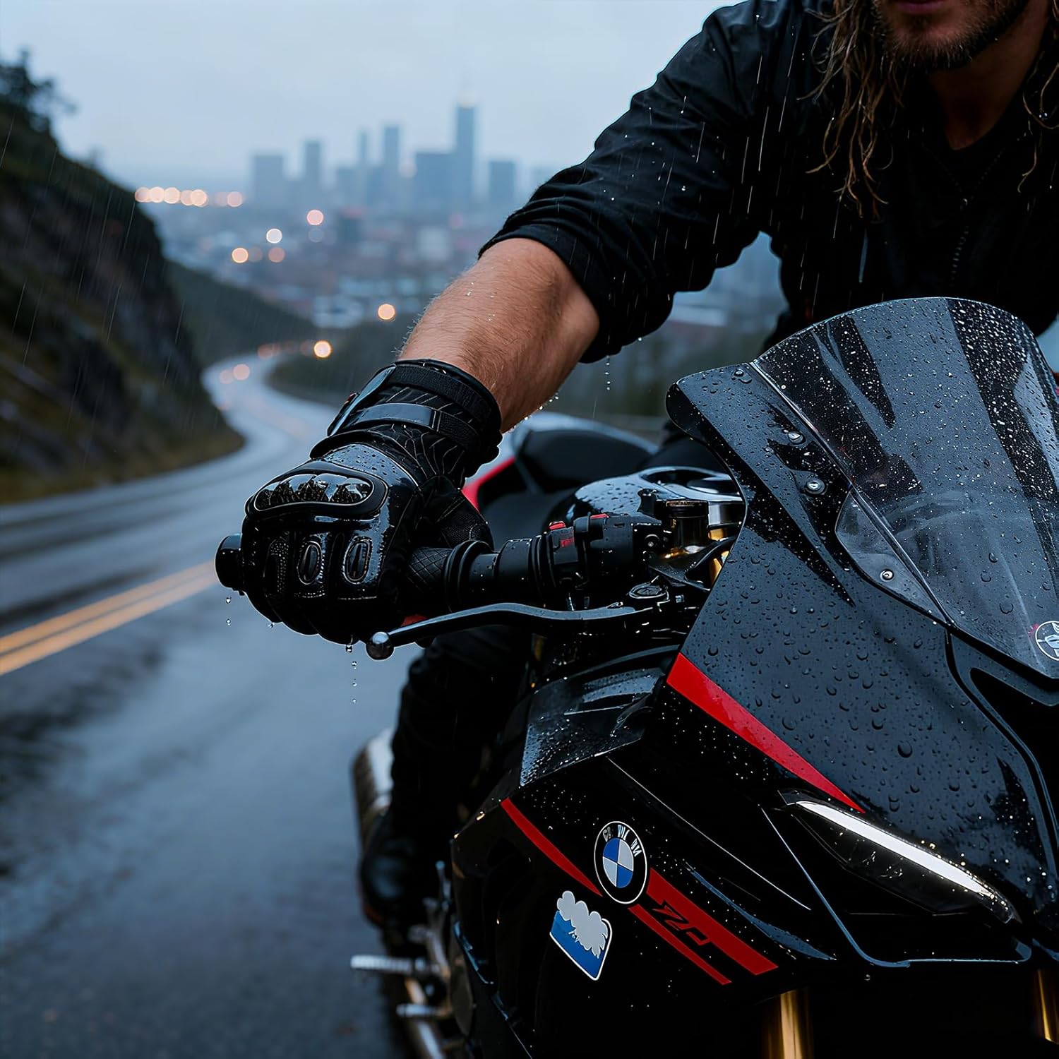 DUHAN Motorcycle Gloves for Men Women, Winter All-Weather Leather Gloves with Carbon Fiber Knuckle Protection and Touchscreen Fingertips - Image 3