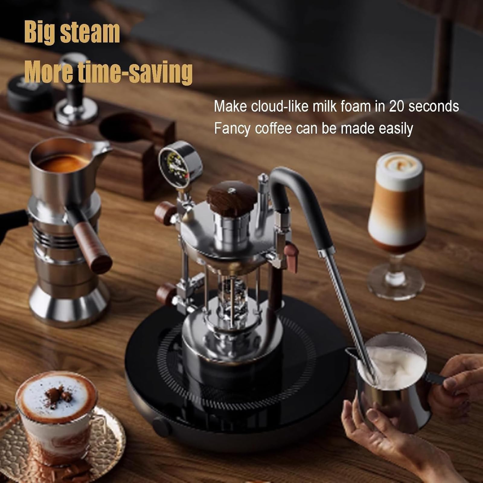 Espumador de leche portátil y vaporizador, máquina de espuma de mano, manguera ajustable, capacidad de 700 ml, presión de funcionamiento de 1 a 2,5 bar, calefacción dual para el hogar y camping