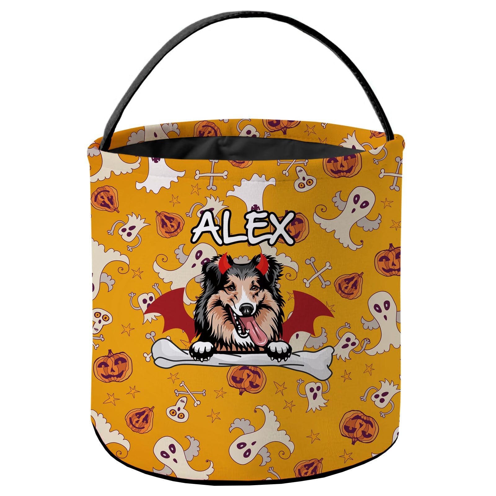 KafePross Custom Halloween Trick or Treat Bag Demon Shetland Shepdog Dog Halloween Devil Pumpkin Decor Basket Candy Gifts Bucket for Kids 9 x 9.8 Inch Yellow