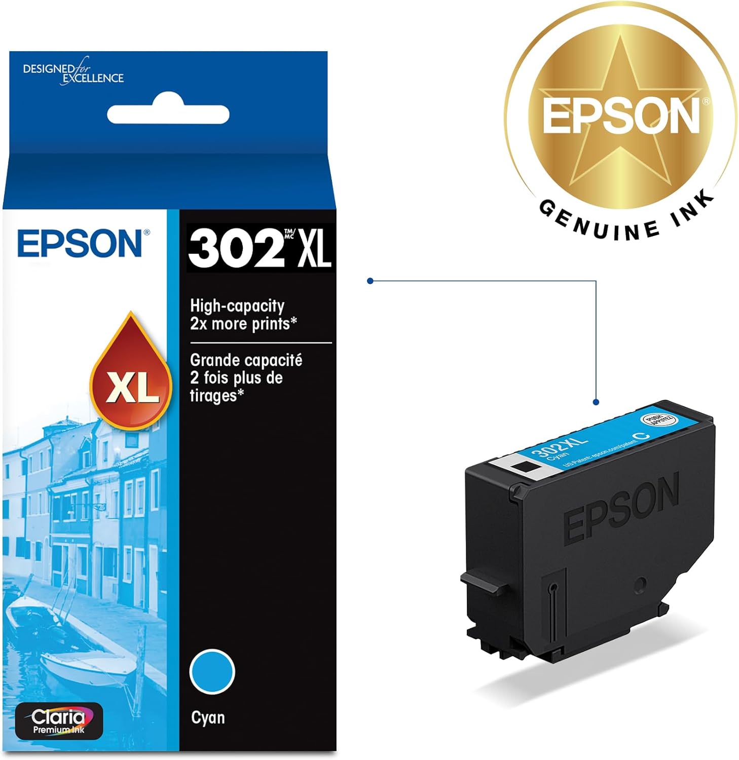 EPSON 302 Claria Premium Ink High Capacity Cyan Cartridge (T302XL220-S) Works with Expression XP-6000, 6100