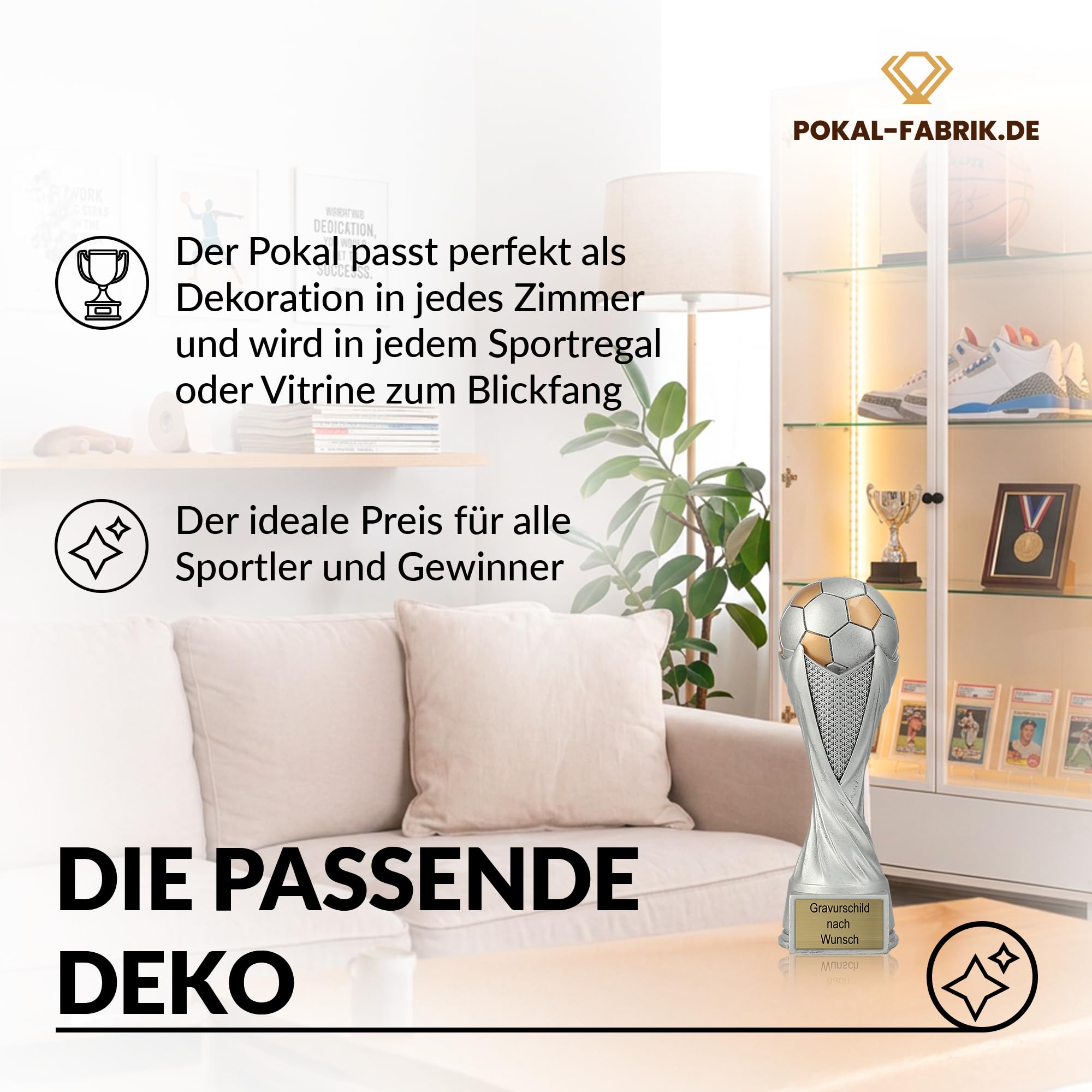 Pokal-Fabrik - Fußball Pokal mit Gravur Wunschtext 21 cm Resin Sportfigur – personalisierte Geschenk-Trophäe für Fussball WM, Sport Events, Wanderpokal und Kindergeburtstag