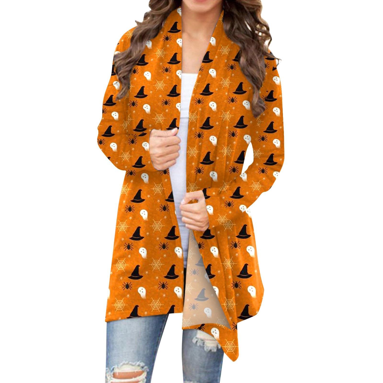 Women's Halloween Cardigan Pumpkin Print Knitting Lightweight Tops Fall Open Front Long Sleeve Holiday Sweatshirts