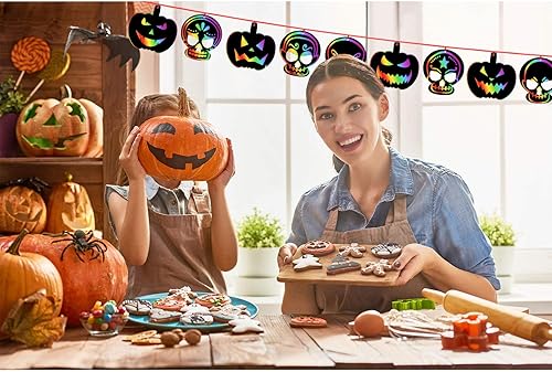 Miniatura 7 de Outus 48 piezas de papel para rascar de Halloween, adornos de Halloween para manualidades, arte colorido para arañar, decoración de Halloween con 12
