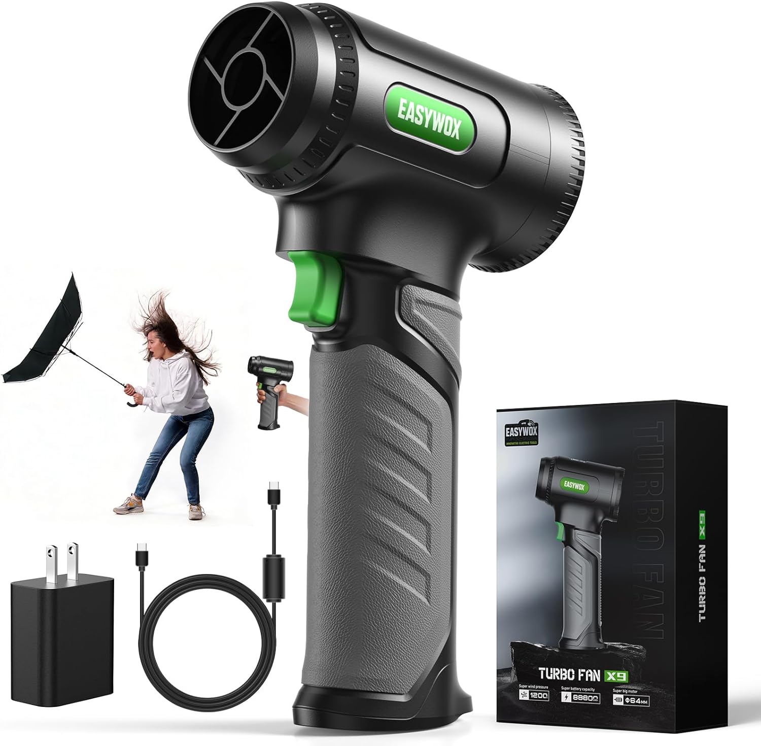 Cordless Snow Blower& Oversize Turbo Car Dryer, 756W 1200G Turbo Air Blower for Drying Cars, Electric Leaf Blower for Patio/Lawn/Garage/Snow, 8×3000mAh Battery w/USB-C Fast Charging, Lightweight