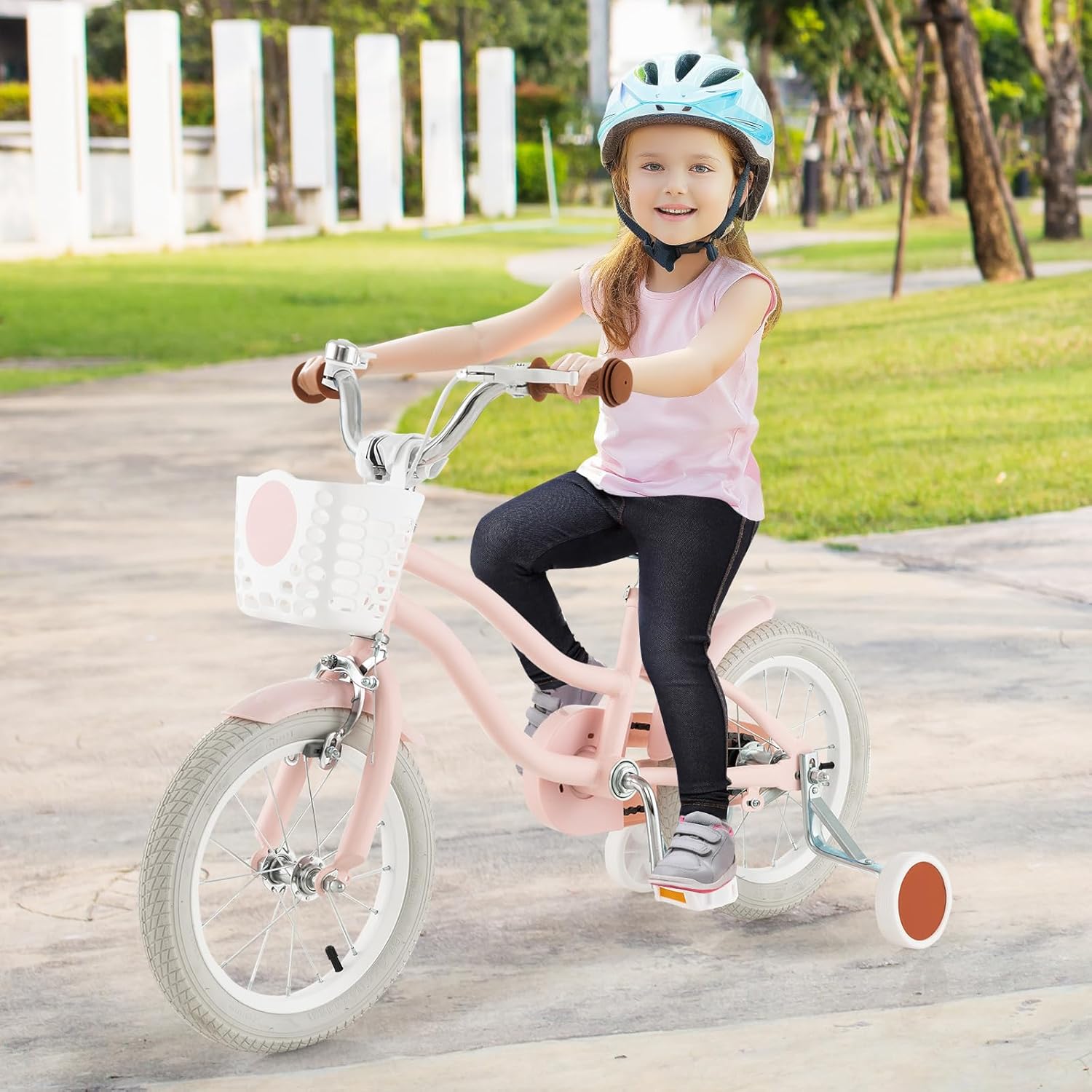 COSTWAY Kids Bike, 12 14 16 18 Inch Toddler Bike Children Bicycle w/Training Wheels, Hand & Coaster Brakes, Adjustable Saddle & Handlebar, Basket, Bell, Kids Bicycle for Girls Boys Aged 3-8 Years Old