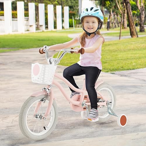 Miniatura 8 de COSTWAY Bicicleta para niños de 12, 14, 16, 18 pulgadas, bicicleta para niños con ruedas de entrenamiento, frenos de mano y posavasos, sillín y