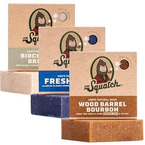 Dr Squatch Jabón de barra totalmente natural para hombres paquete variado de 3 barras barril de madera bourbon Fresh Falls Birchwood Breeze jabón de