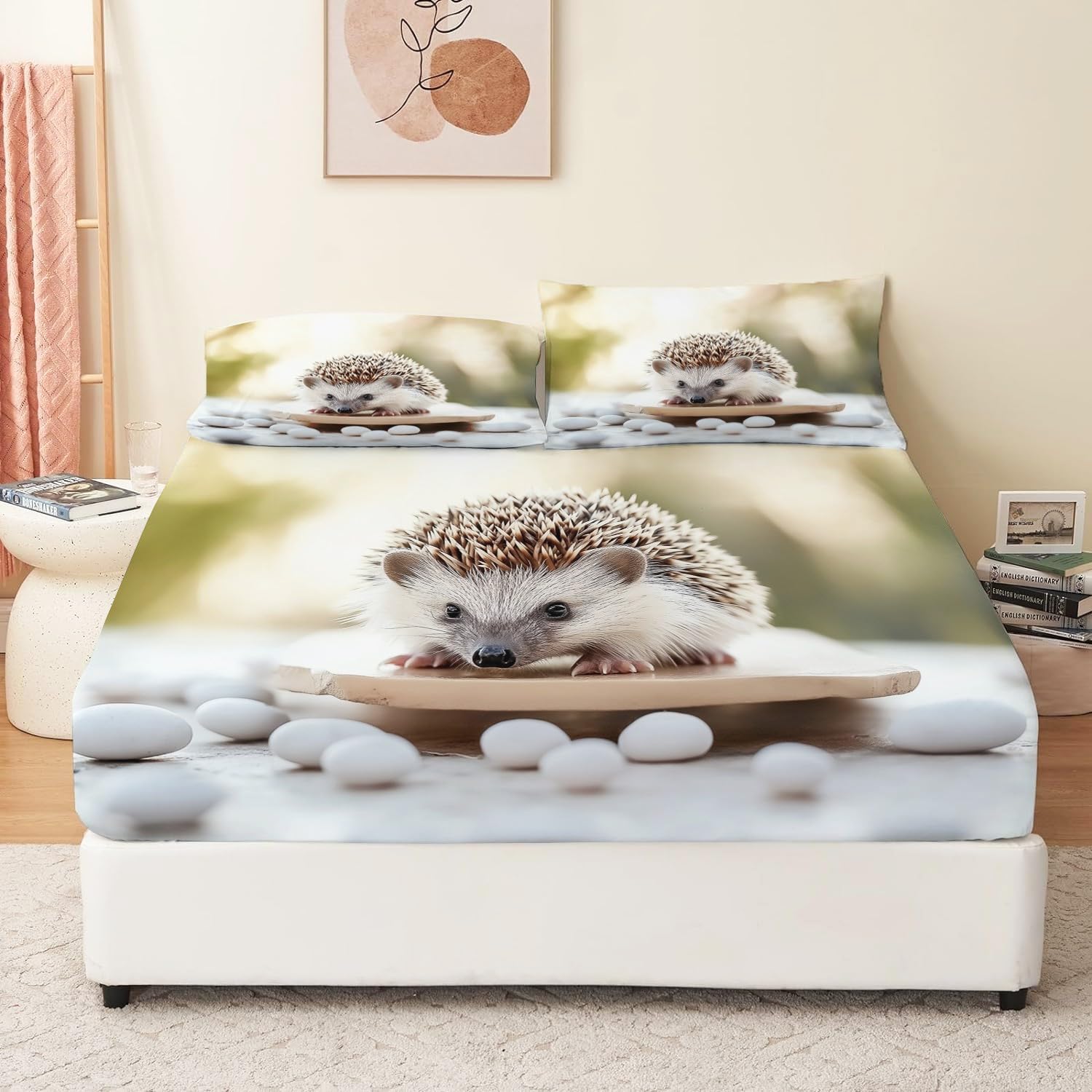 Lenzuolo con Angoli 180 x 200 cm Letto Matrimoniale Maxi - Lenzuola Sotto con Angoli in Microfibra a Motivo Riccio Carino Animale - Adatto alle Camere da Letto di Bambini, e Adulti Crema
