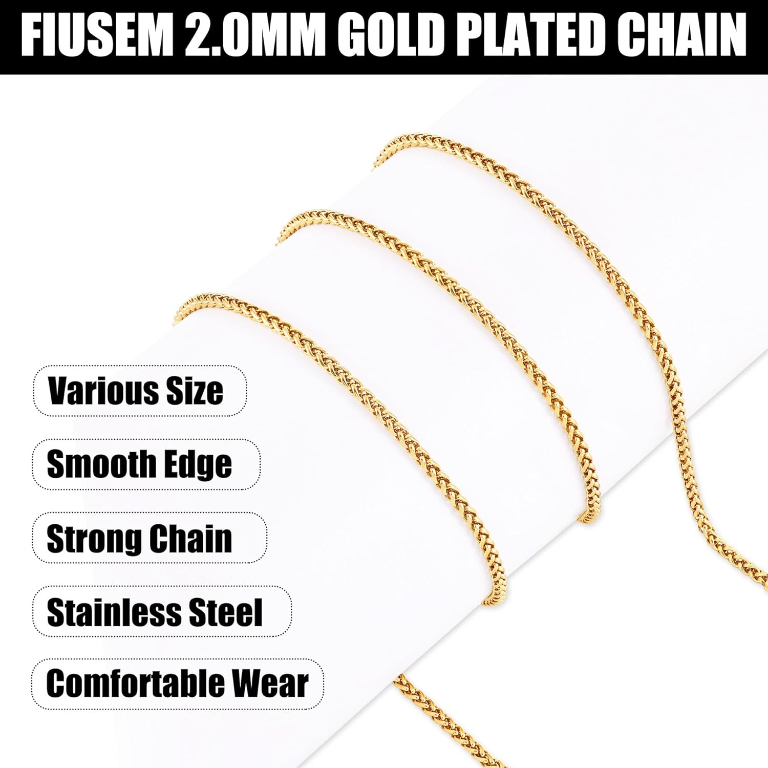 Fiusem 14K Gold Plated Wheat Chain Necklace for Men, 2/2.5/3/4/5mm Stainless Steel Necklace Chains for Men and Women 16-28 Inch - Image 5
