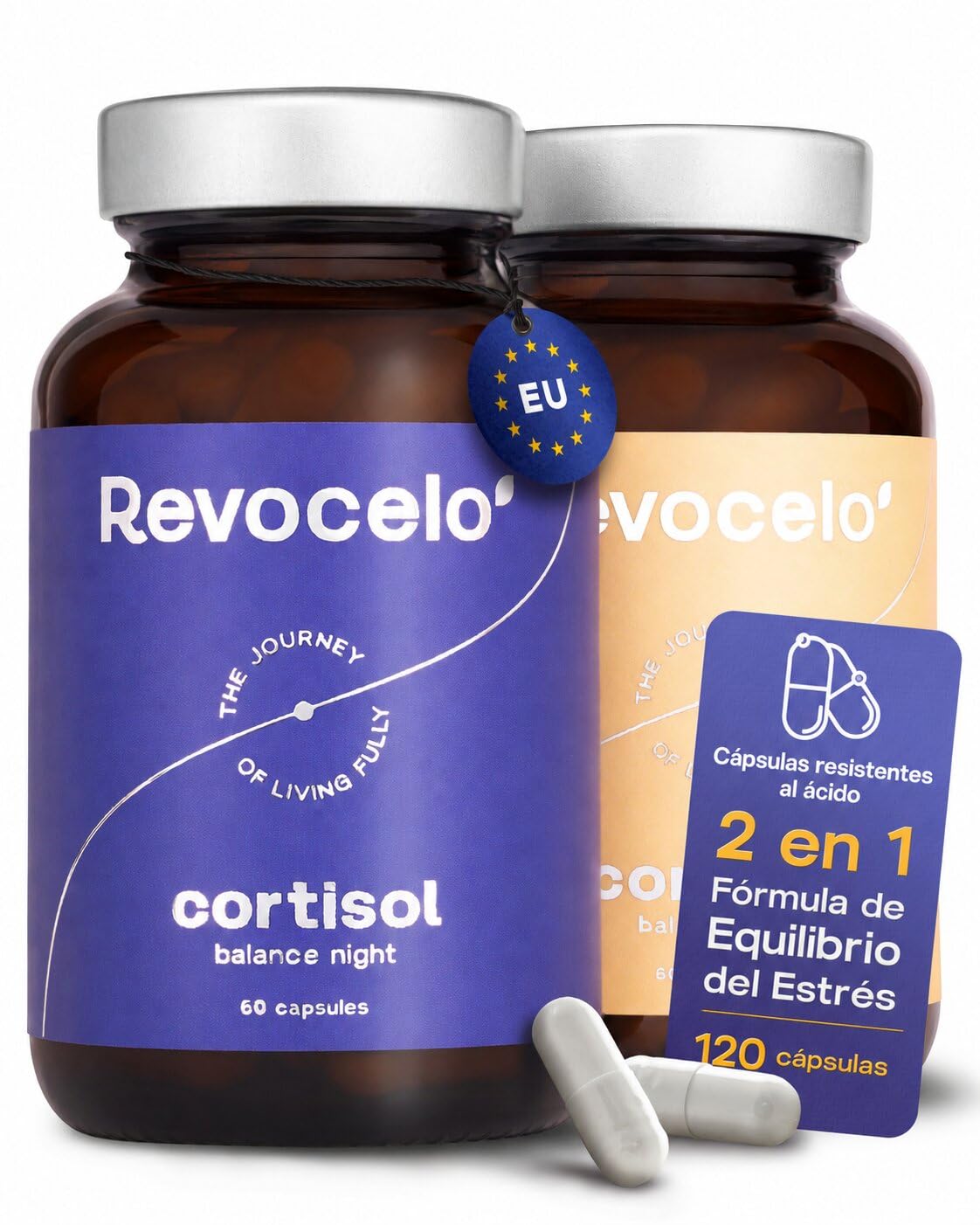 Cortisol Balance - Fórmula antiestrés - KSM-66® Ashwagandha, L-teanina | 6+ adaptógenos sistema de 2 frascos para relajación y concentración, testado en laboratorio, EU, 120 cápsulas