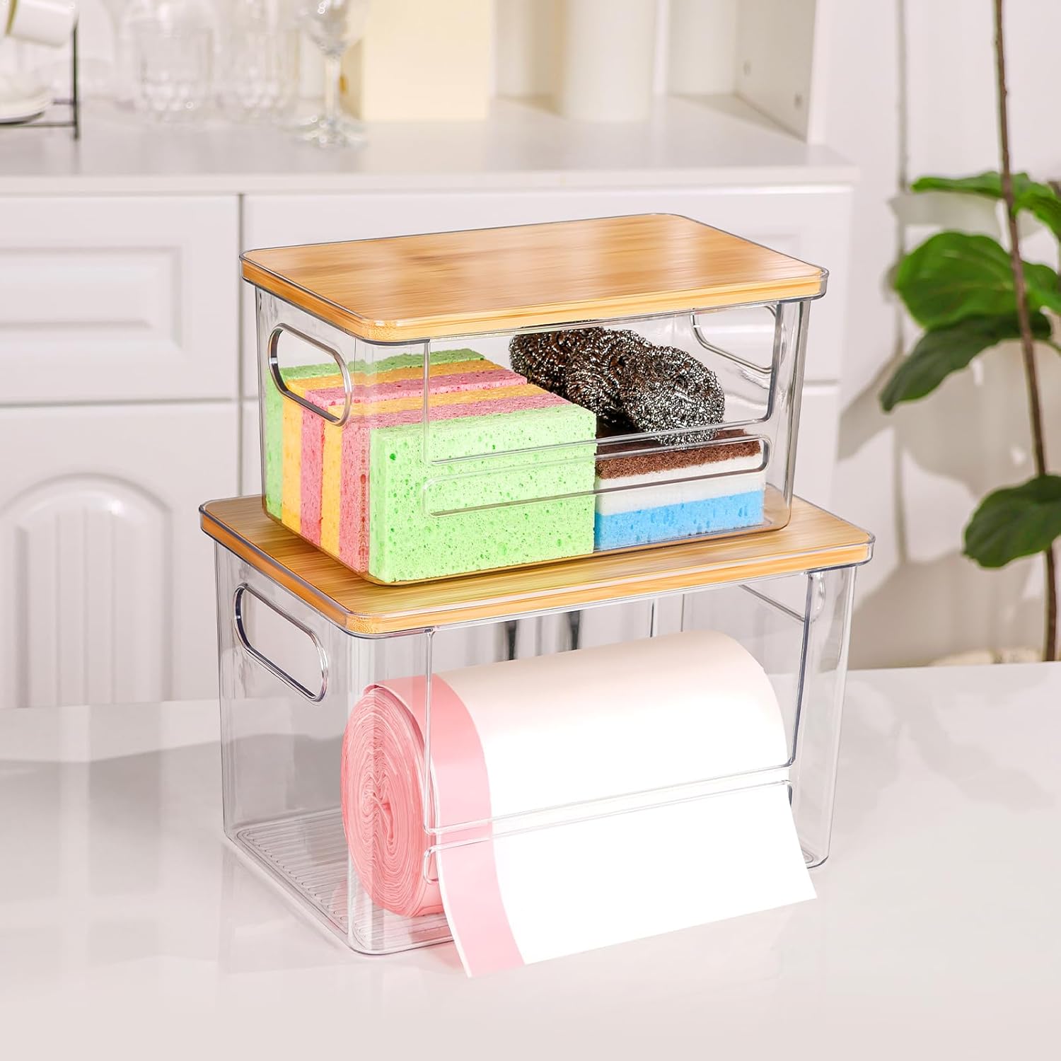 Trash Bag Holder Dispenser 2 Pack, Garbage Bag Dispenser with Bamboo Lid & Handles, Stackable Clear Trash Bag Organizer Under Sink for Kitchen, Pantry, Laundry Room, Cabinet (XL+S) - Image 7