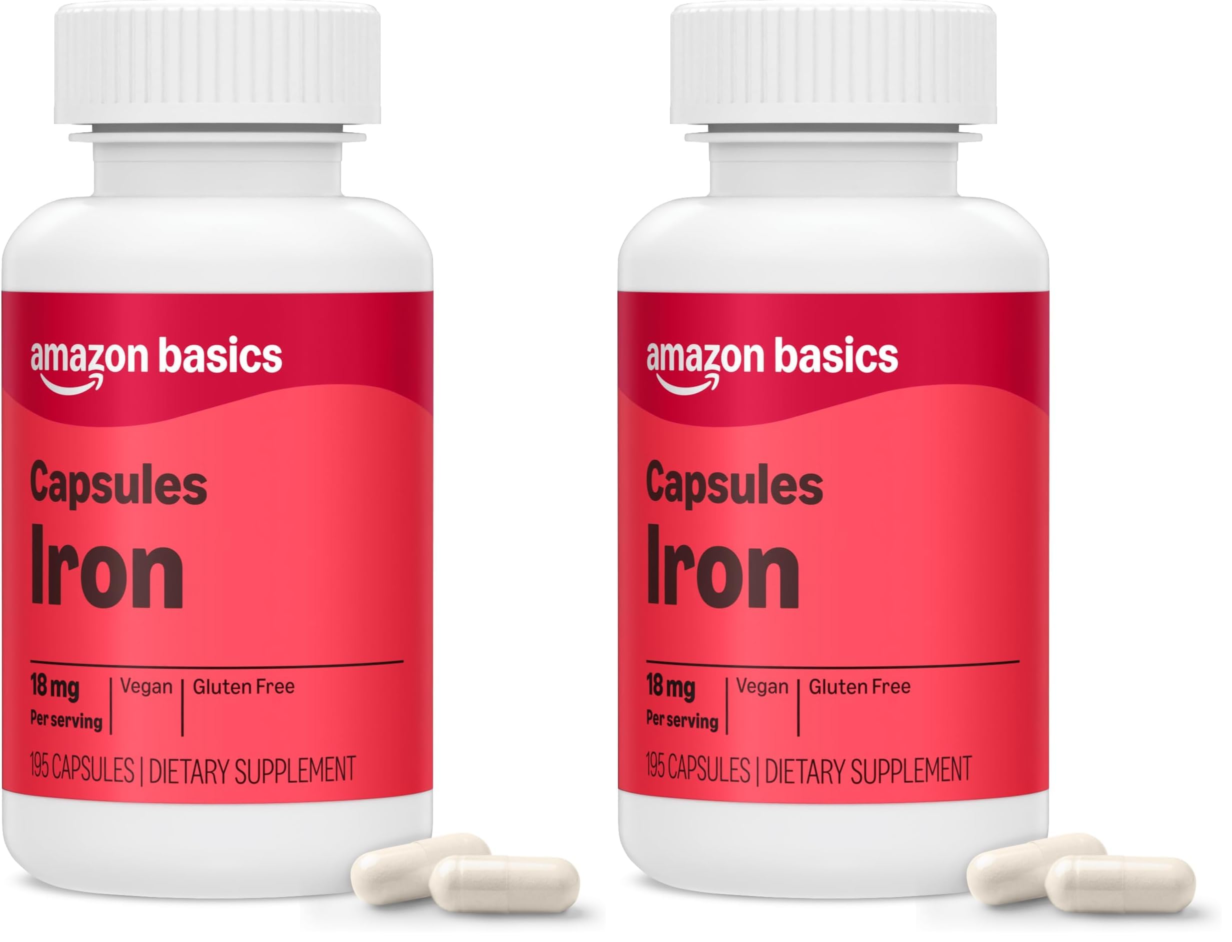 Amazon Basics Iron 18mg Capsules, Supports Red Blood Cell Production, Vegan, 195 Count, 6 Month Supply (Previously Amazon Elements) (Pack of 2)